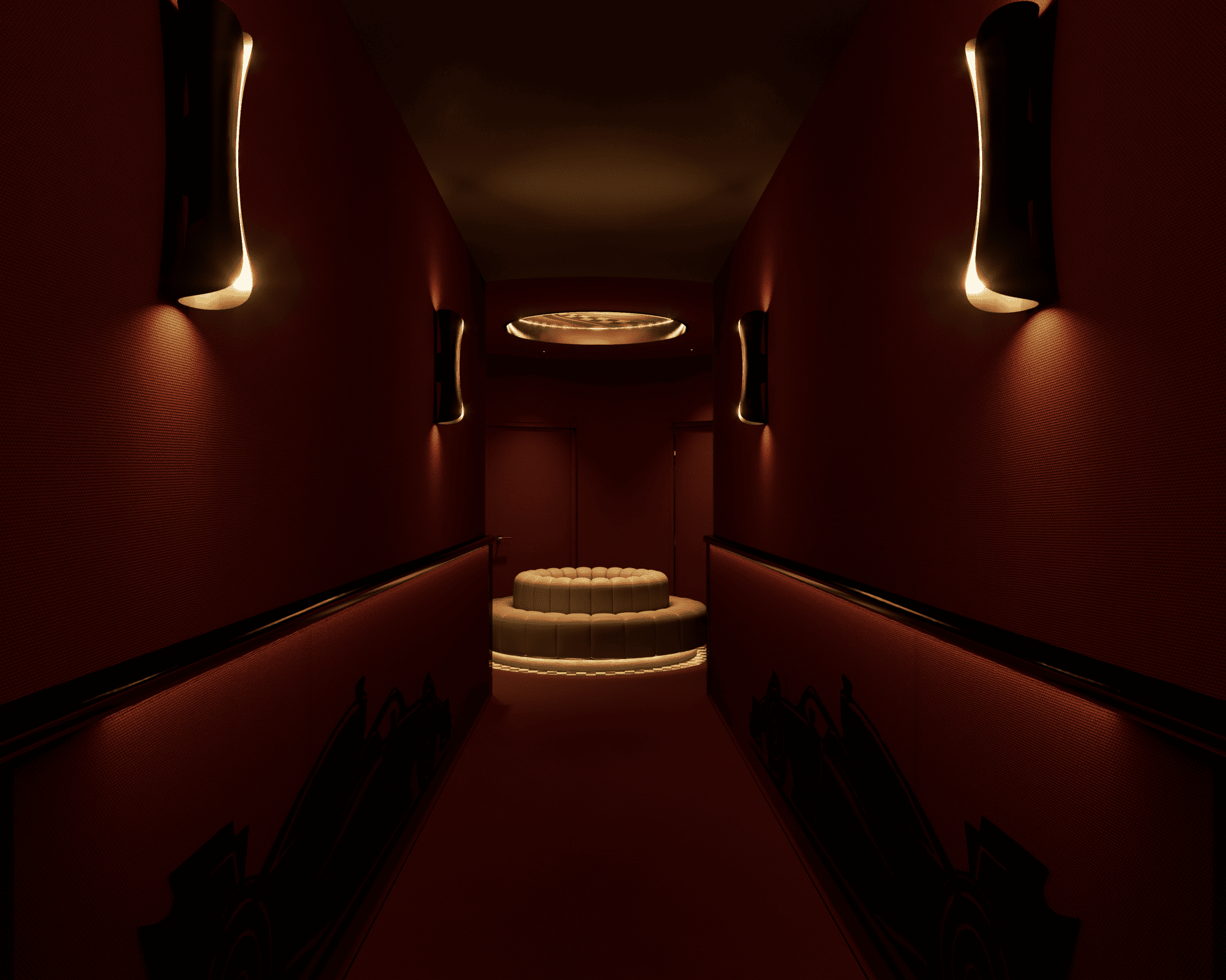 Un couloir sombre avec des murs rouge foncé, éclairé par des appliques décoratives modernes, menant à une salle avec un divan blanc rond sous un plafond lumineux circulaire.