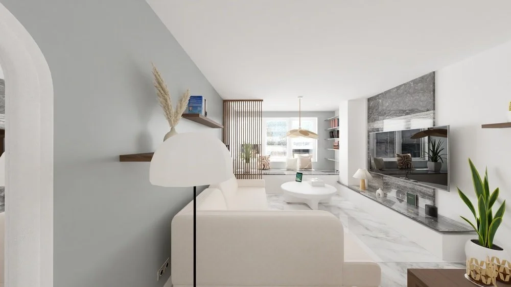 Rénovation d'un appartement en Moldavie avec un salon avec panneau en pierre, télévision, étagères murales, au mur et table avec décorations en verre et céramique. Agencement haut de gamme sur mesures.