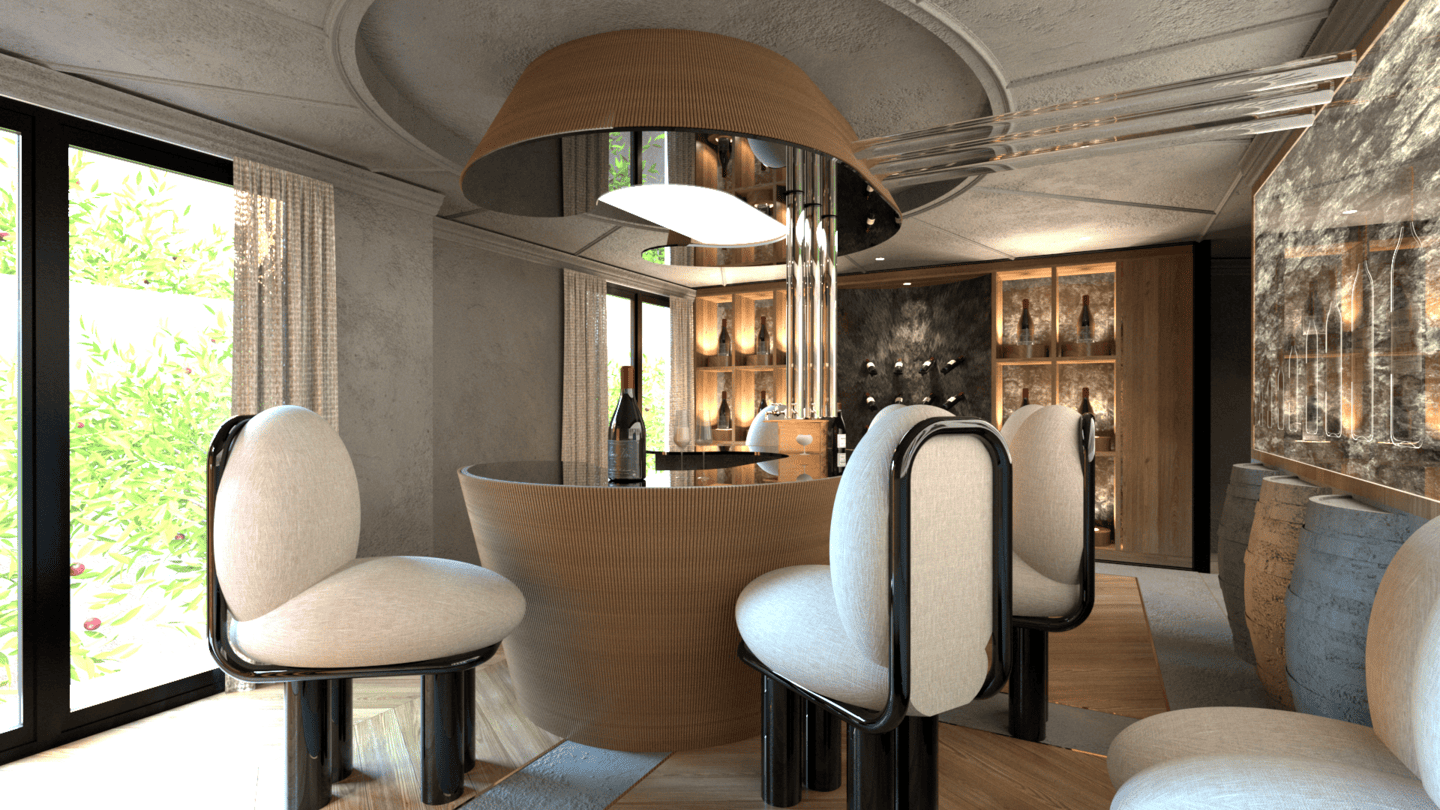 Intérieur d'une salle à manger moderne avec un tableau de vins sur le mur, une table ronde avec des chaises beige, et une grande lampe au plafond. Appartement haut de gamme rénové selon le thème du vin à Neuilly sur Seine.