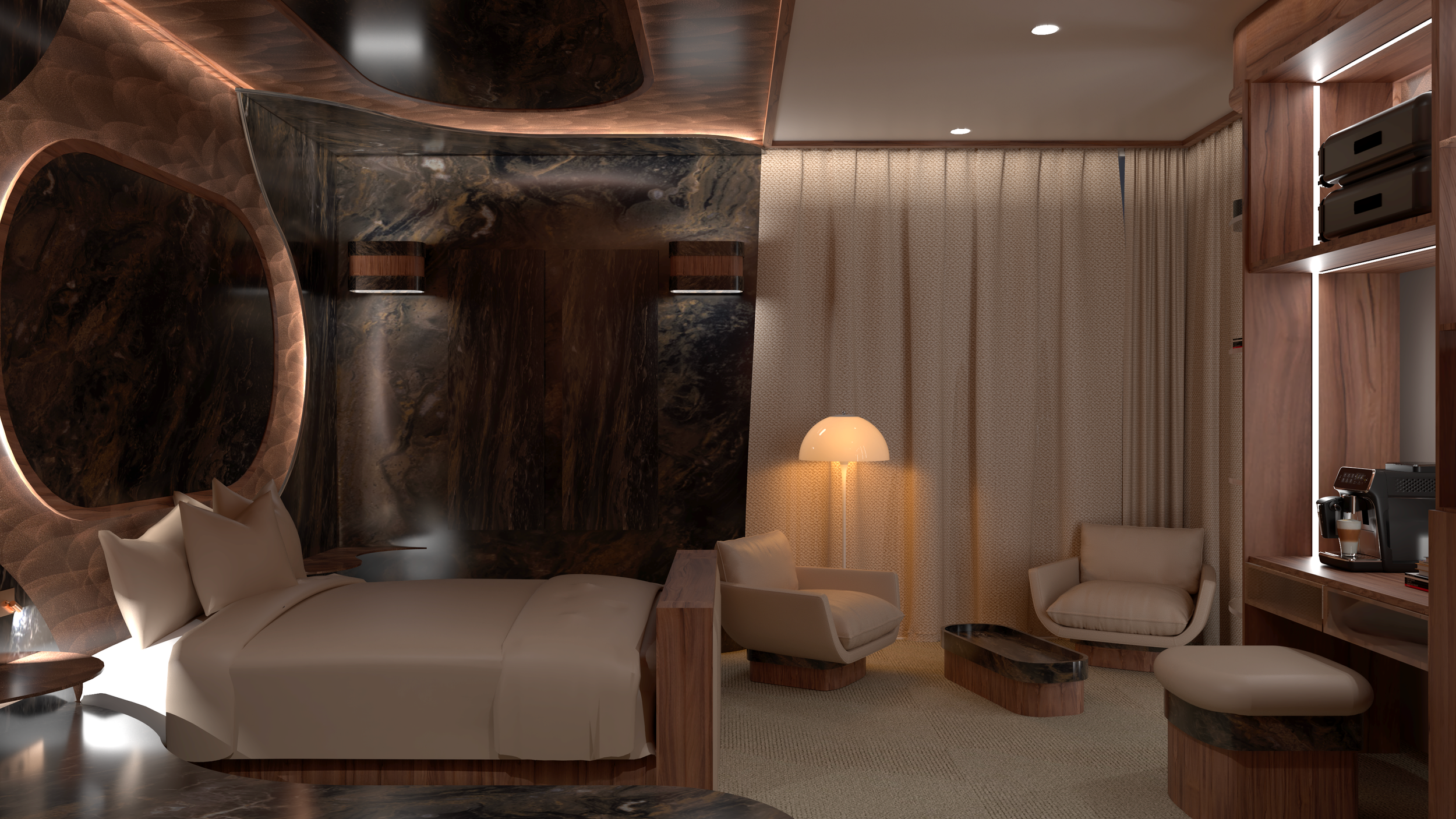 Vue intérieure d'une chambre d'hôtel 4 étoiles avec un mobilier en Formica, fauteuils et canapé en tissu blanc, un lampadaire, une grande fenêtre avec vue sur une forêt de montagne, et une étagère en bois. Concours national d'architecte d'intérieur.