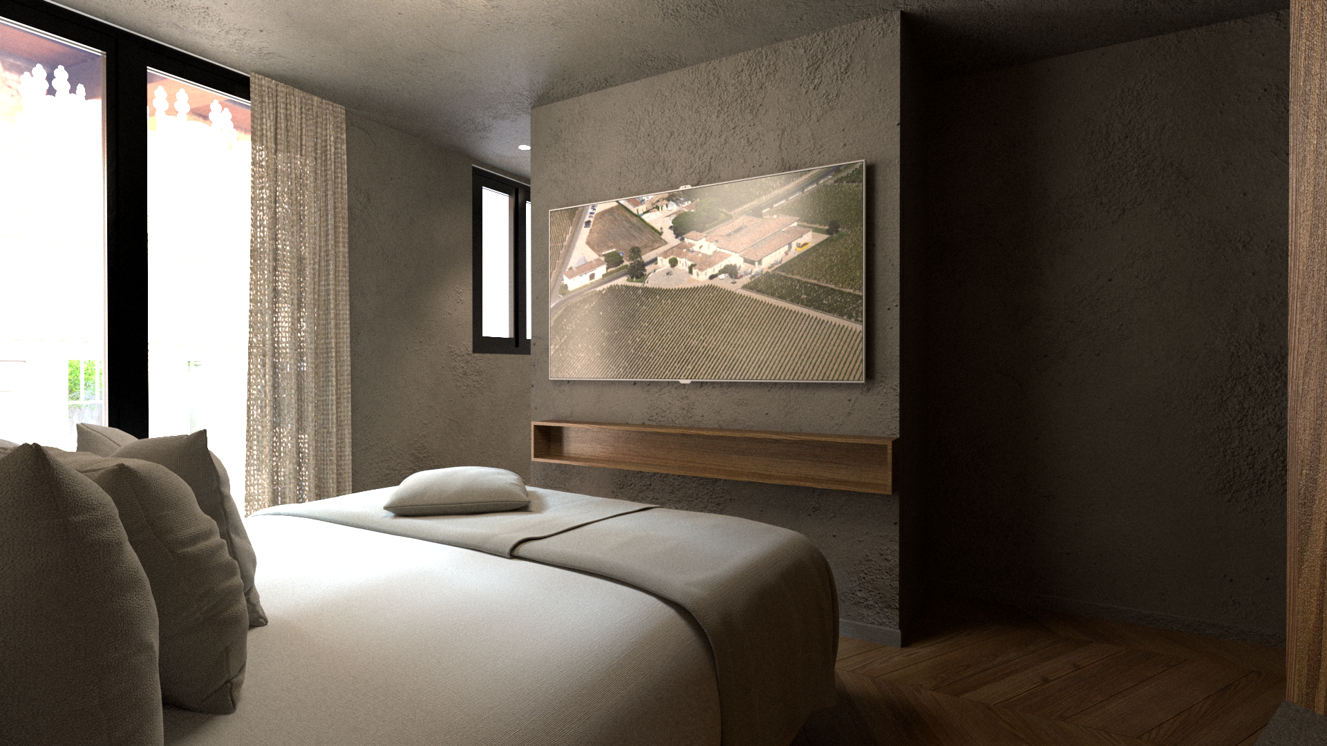 Vue de l'intérieur d'une chambre avec un lit blanc, un mur en béton brut, une télévision murale affichant des paysages agricoles. Appartement haut de gamme rénové selon le thème du vin à Neuilly sur Seine.