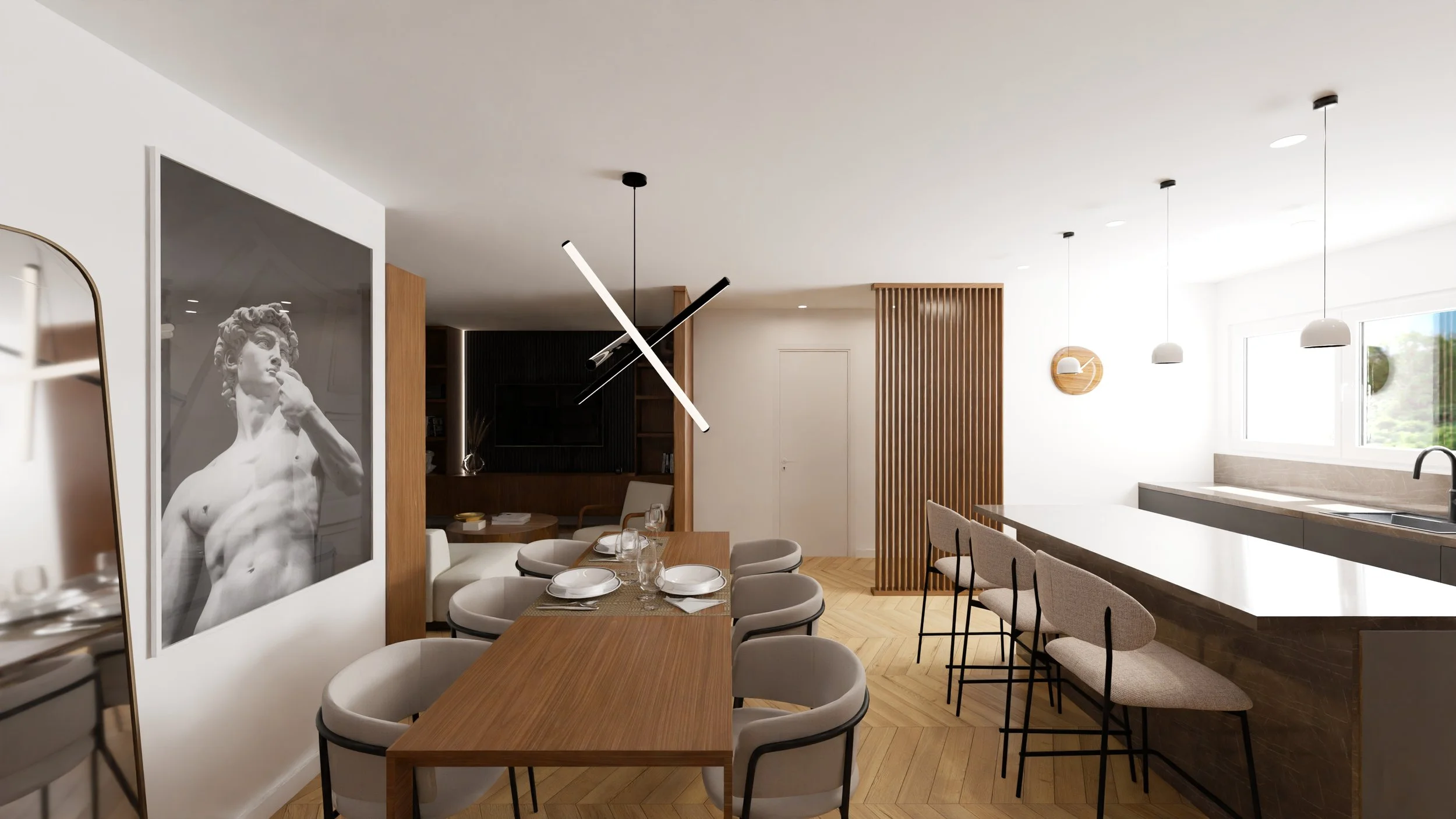 Rénovation haut de gamme d'un appartement avec cuisine et salle à manger avec des murs blancs, des meubles en bois clair, un grand plan de travail, des chaises blanches autour d'une table en bois. Agencement sur mesures.