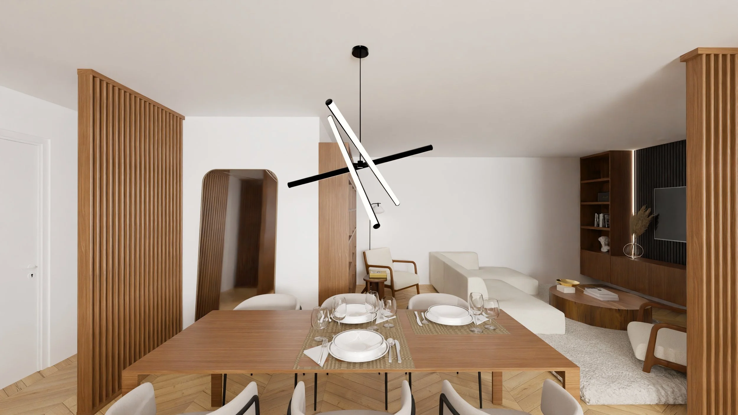 Rénovation haut de gamme d'un appartement avec salle à manger moderne avec table en bois, 8 chaises, décoration en bois, peintures en noir et blanc, lampe suspendue contemporaine. Agencement sur mesures.