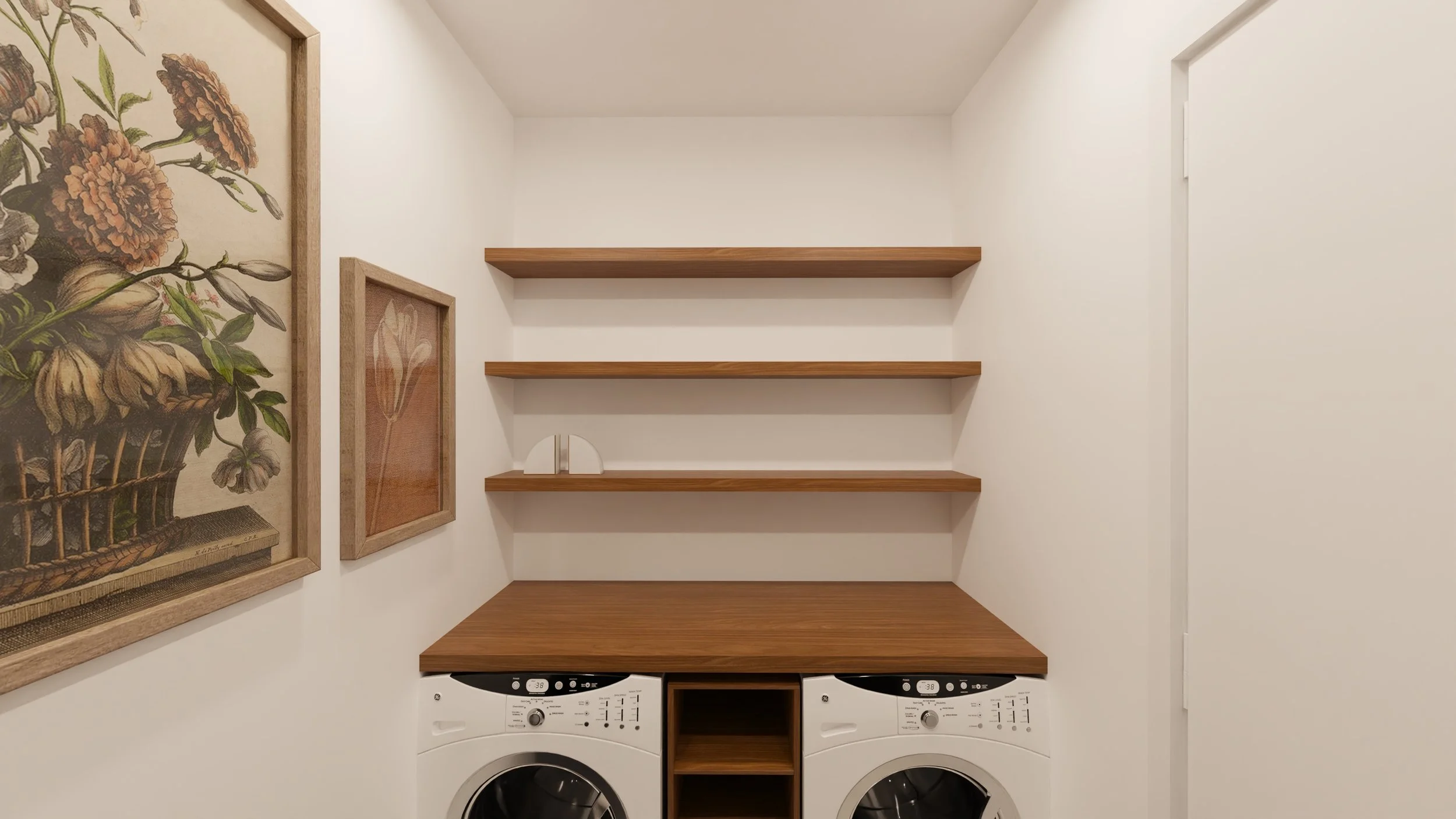 Rénovation haut de gamme d'un appartement avec buanderie avec des tableaux de fleurs accrochés au mur blanc, et des étagères en bois, une machine à laver et un panier noir au sol. Agencement sur mesures.