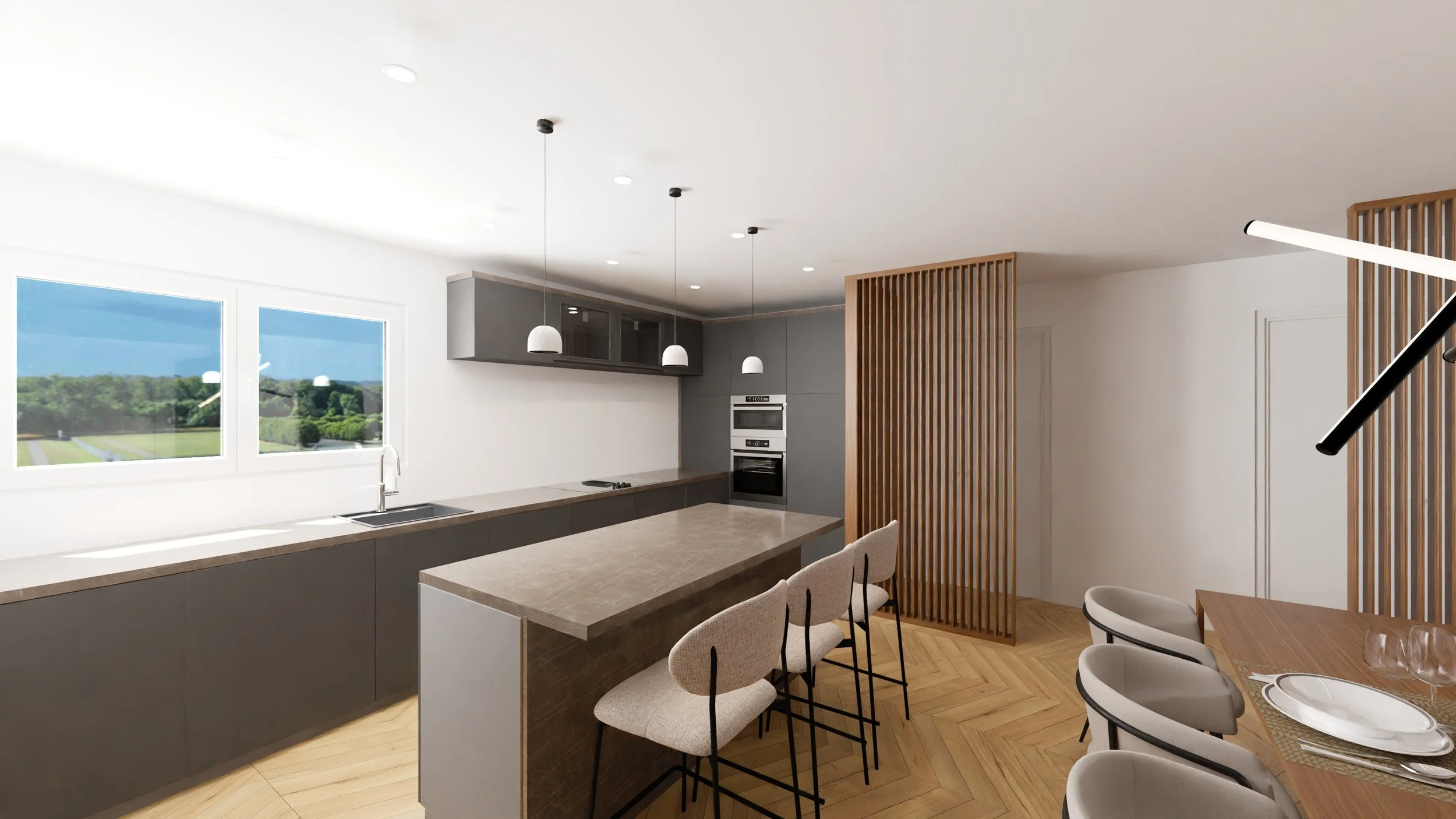 Rénovation haut de gamme d'un appartement avec cuisine moderne avec une table à manger et des chaises, décoration minimaliste, œuvres d'art, étagère en bois avec des livres, éclairage suspendu moderne. Agencement sur mesures.