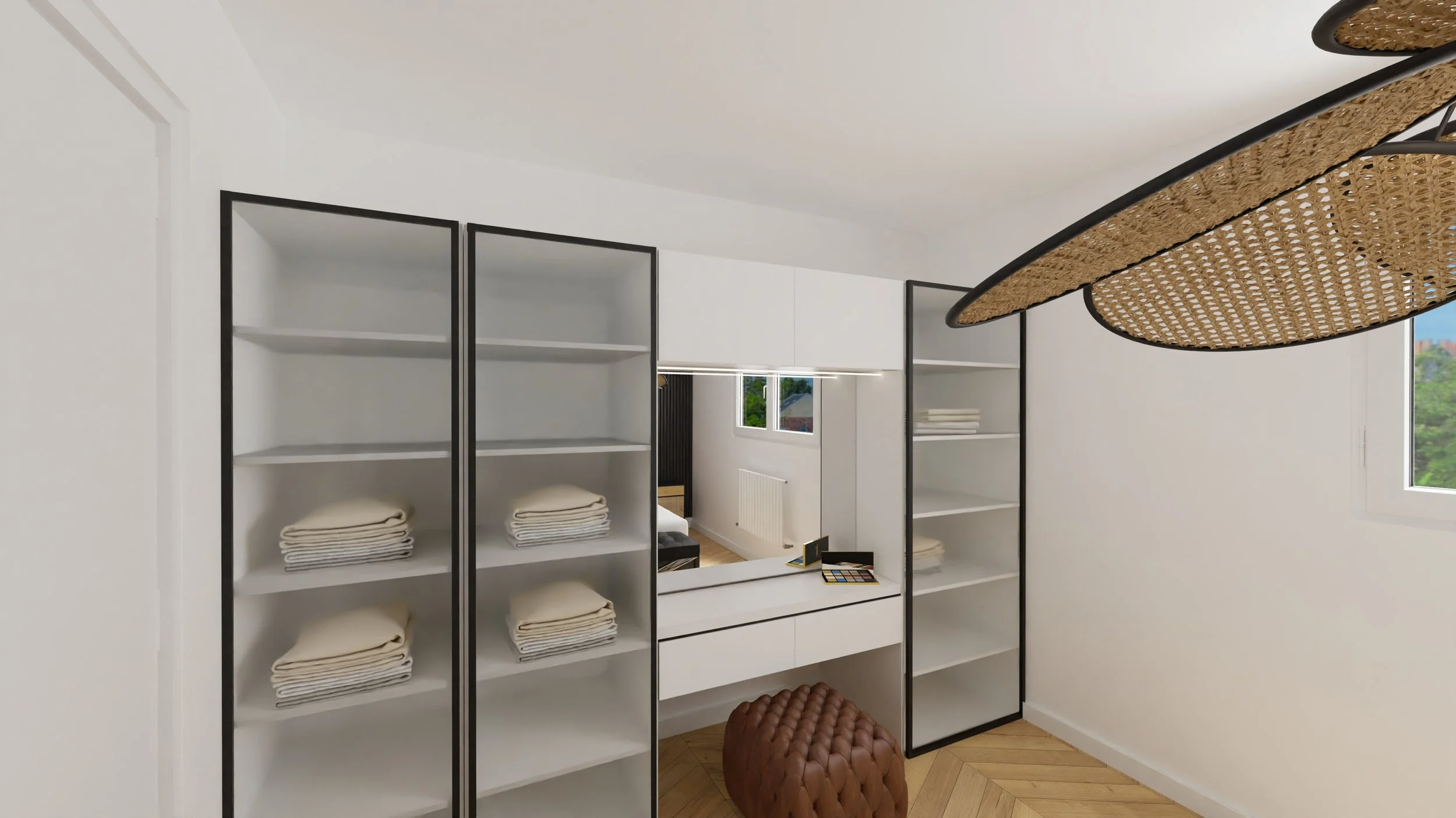 Rénovation haut de gamme d'un appartement avec chambre moderne avec lit blanc, tête de lit en bois et noir, lampe suspendue en rotin au plafond, dressing sur mesures avec coiffeuse. Agencement sur mesures