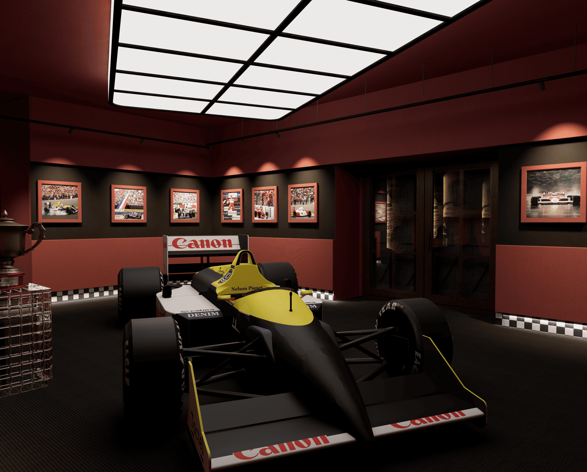 Une voiture de course F1 noire et jaune dans un musée, avec des affiches de Formule 1 au mur et un plafond lumineux