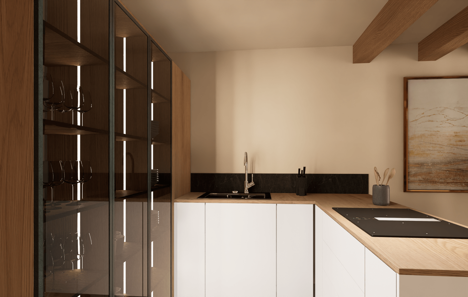 Projet de rénovation d'un appartement avec une cuisine moderne avec des armoires en bois, un plan de travail blanc avec évier et robinet, une plaque de cuisson. Agencement sur mesure.