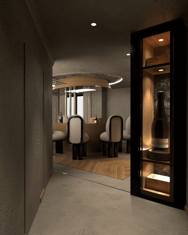 Une salle à manger élégante avec un bar oval en bois, des chaises rembourrées blanches autour, et une cabine de rangement avec une bouteille de champagne Moët & Chandon. Appartement haut de gamme rénové selon le thème du vin à Neuilly sur Seine.
