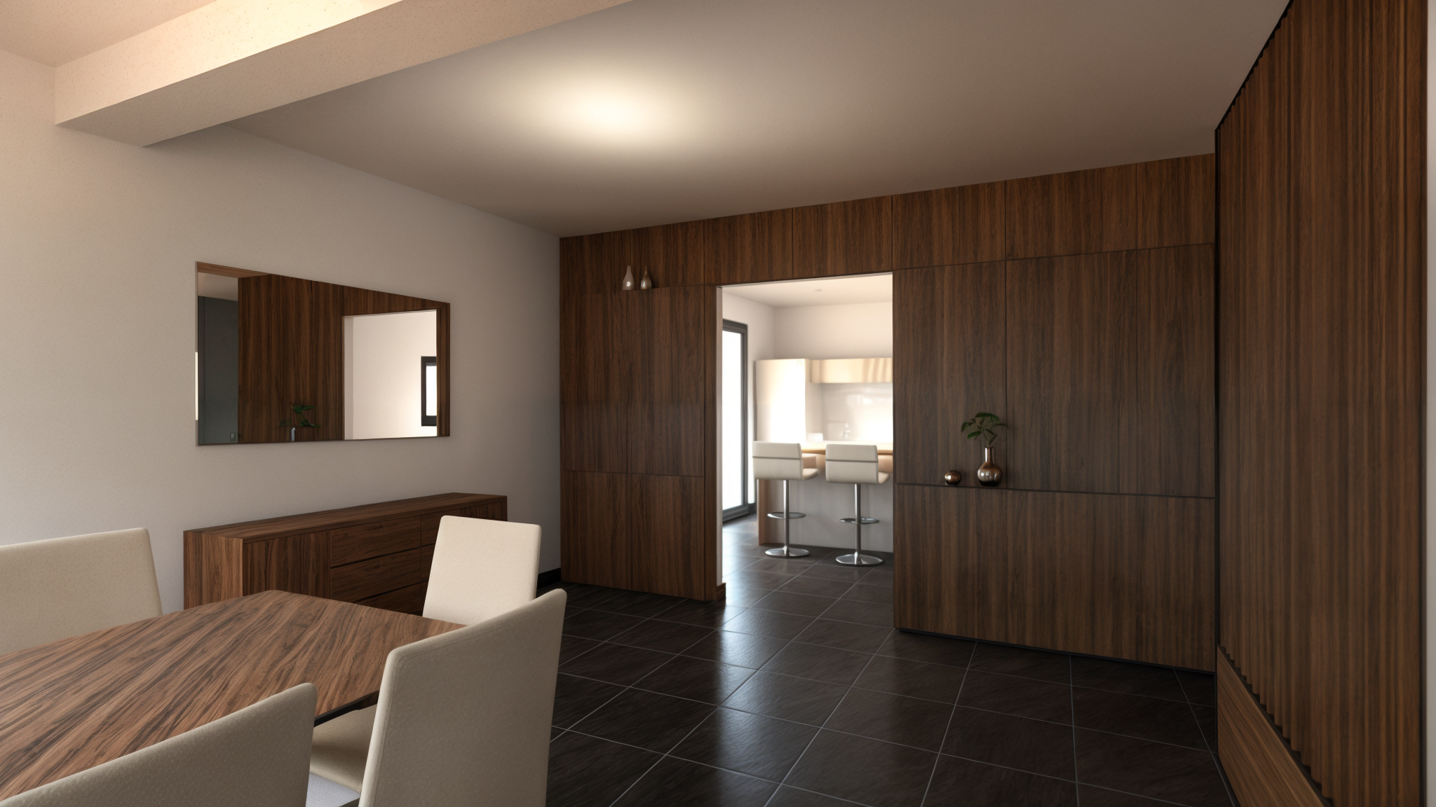 Rénovation haut de gamme d'une maison moderne avec salon avec murs en bois, miroir rectangulaire, meubles en bois, une table en bois avec des chaises beiges, une ouverture vers une cuisine avec deux hauts tabourets blancs.