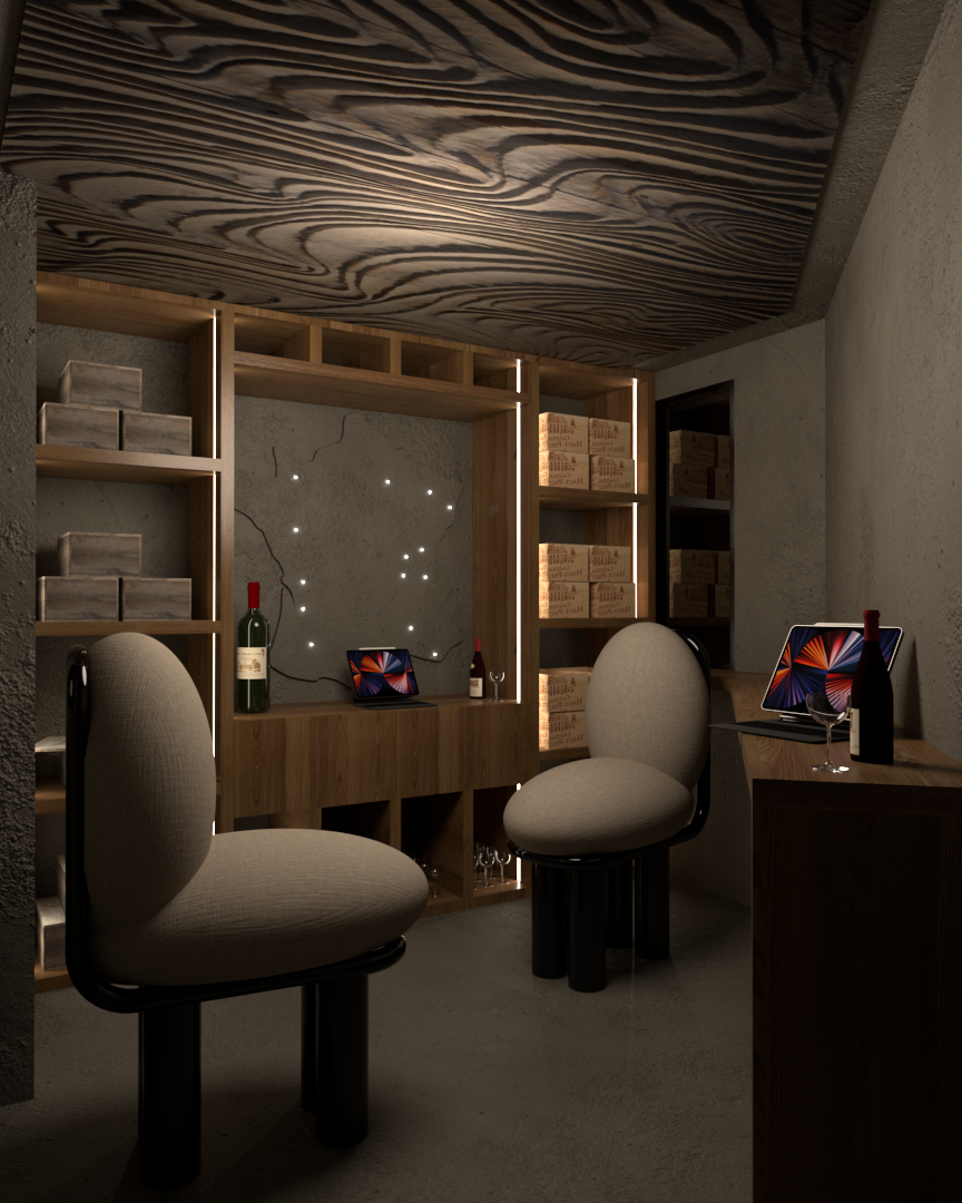 Une petite cave à vin avec deux fauteuils, une table en bois, des étagères remplies de caisses de vin, une carte de la France. Appartement haut de gamme rénové selon le thème du vin à Neuilly sur Seine.