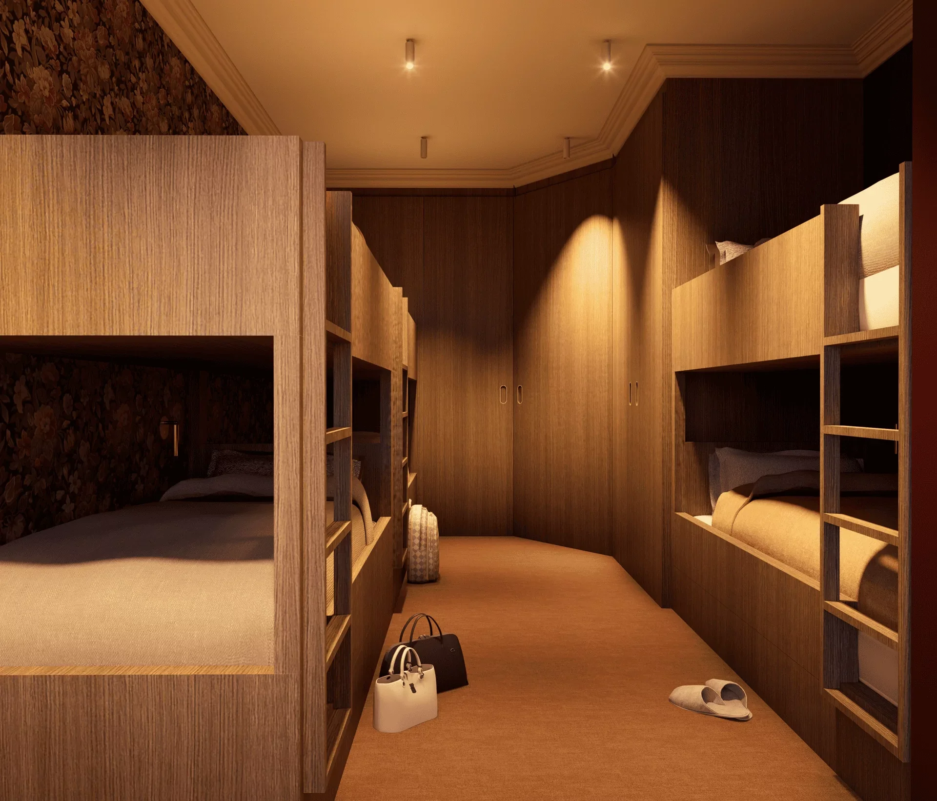Intérieur d'une chambre avec lits superposés en bois, deux sacs à main et une paire de chaussons au sol.