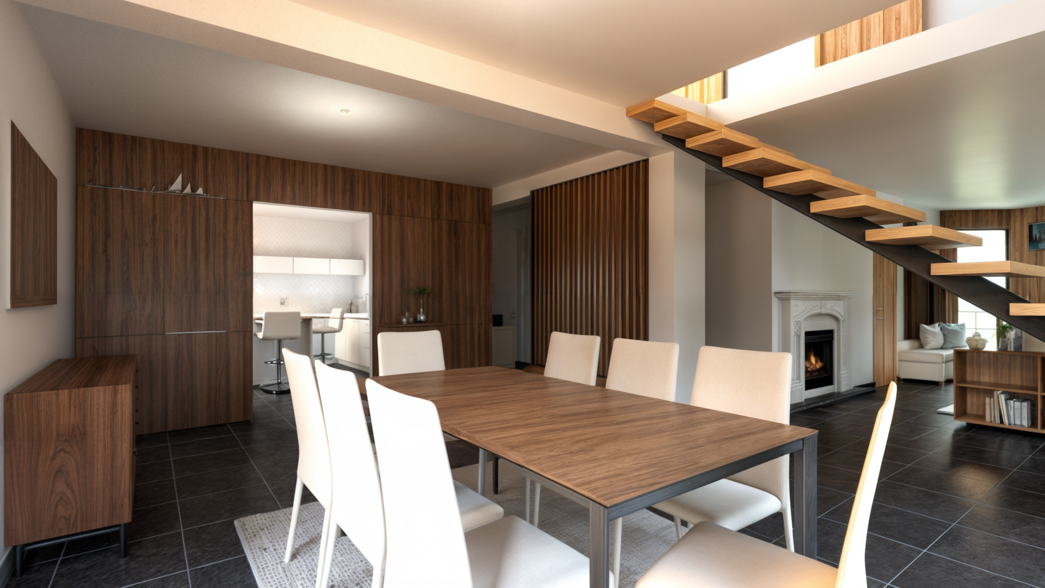 Rénovation haut de gamme d'un salon moderne avec cheminée à bois, table en bois, chaises blanches et meubles en bois foncé, escalier en bois flottant, fenêtres laissant entrer la lumière, décoration minimaliste.