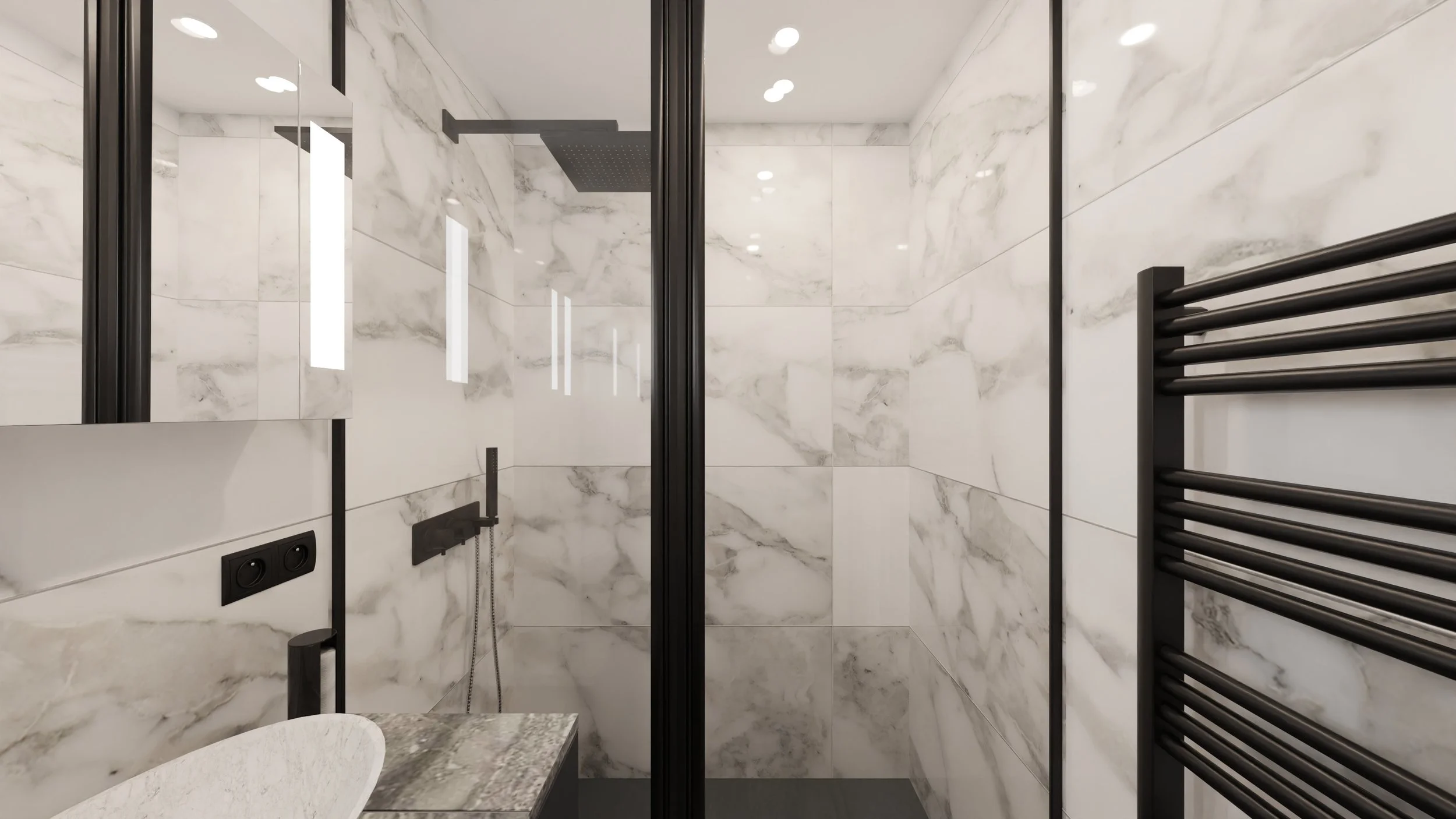 Rénovation d'un appartement en Moldavie avec une salle de bain moderne avec murs en marbre blanc, douche avec porte en verre, lavabo en pierre, miroir, et accessoires noirs. Agencement haut de gamme sur mesures.