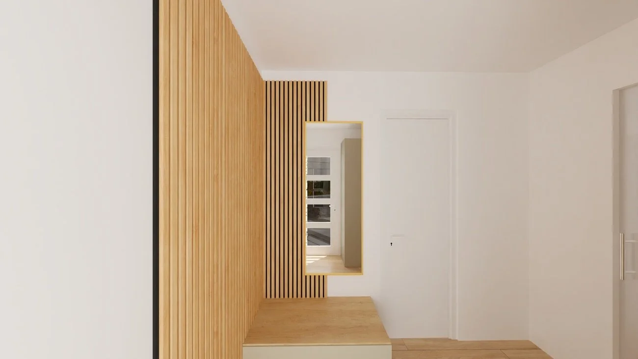 Rénovation haut de gamme d'un appartement à Valdahon avec entrée moderne avec un mur en bois avec des lattes verticales, vue d'un salon ou d'une entrée. Agencement sur mesures