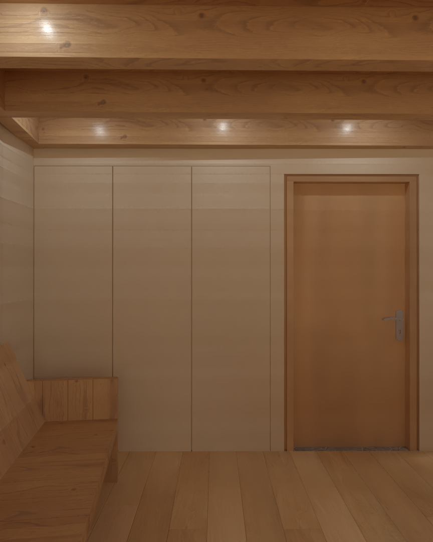 Rénovation haut de gamme d'une maison dans l'Aveyron, à Cantobre avec un plafond en bois, un mur blanc avec des armoires encastrées, un coin avec un banc en bois, et une porte en bois naturel. Agencement sur mesures.