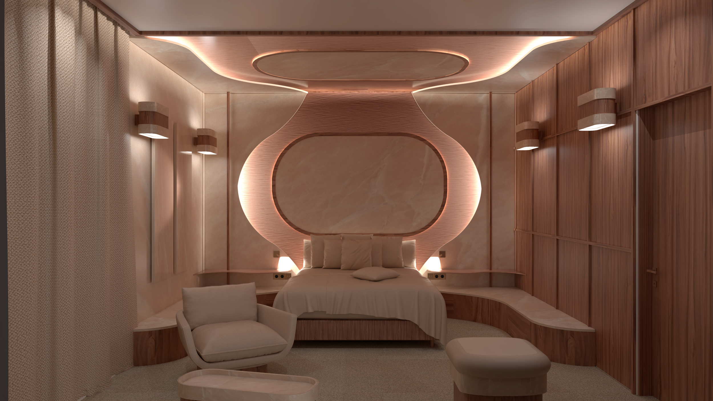 Chambre moderne avec une tête de lit en forme de cercle entourée de lumières LED, murs en bois clair et meubles en bois clair, avec une chaise blanche près du lit.