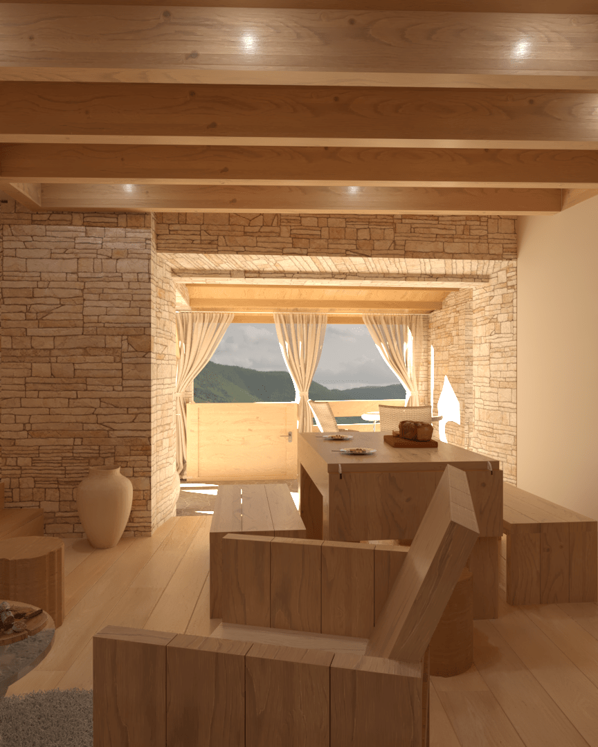 Rénovation haut de gamme d'une maison dans l'Aveyron, à Cantobre avec pièce de vie chaleureuse avec cheminée, meubles en bois, murs en pierre naturelle, grande fenêtre avec rideaux blancs laissant entrer la lumière, vue sur un paysage montagneux.
