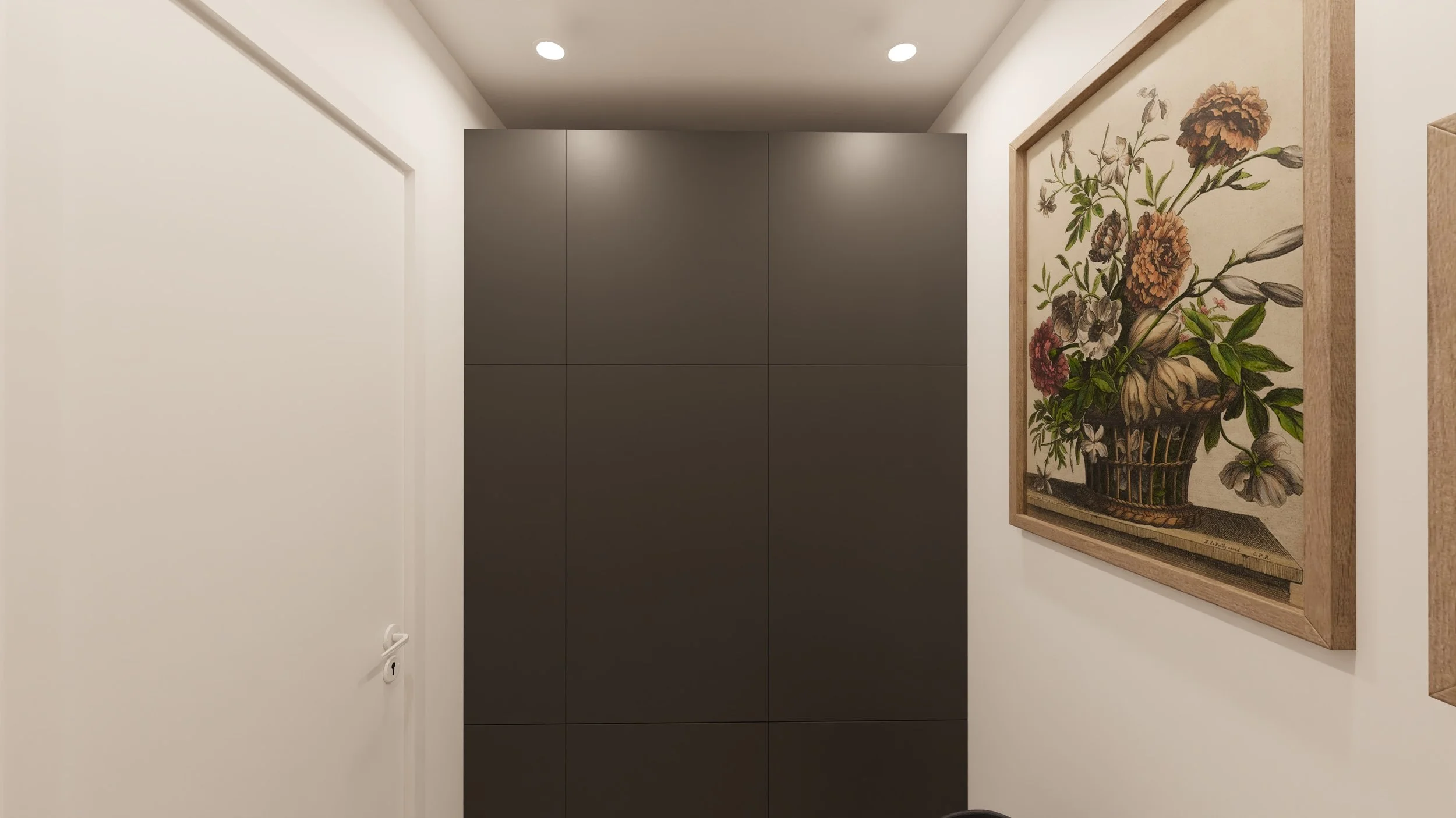 Rénovation haut de gamme d'un appartement avec buanderie avec des tableaux de fleurs accrochés au mur blanc, et des étagères en bois, une machine à laver et un panier noir au sol. Agencement sur mesures.