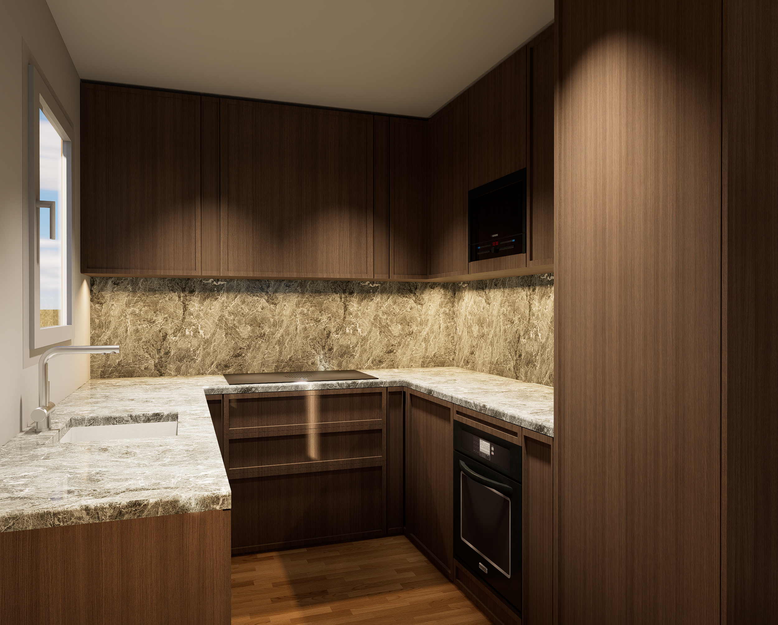 Rénovation haut de gamme d'un appartement à Saint Denis avec cuisine moderne avec armoires en bois foncé, comptoir en marbre clair, fenêtre laissant entrer la lumière naturelle, et électroménagers encastrés. Agencement sur mesure