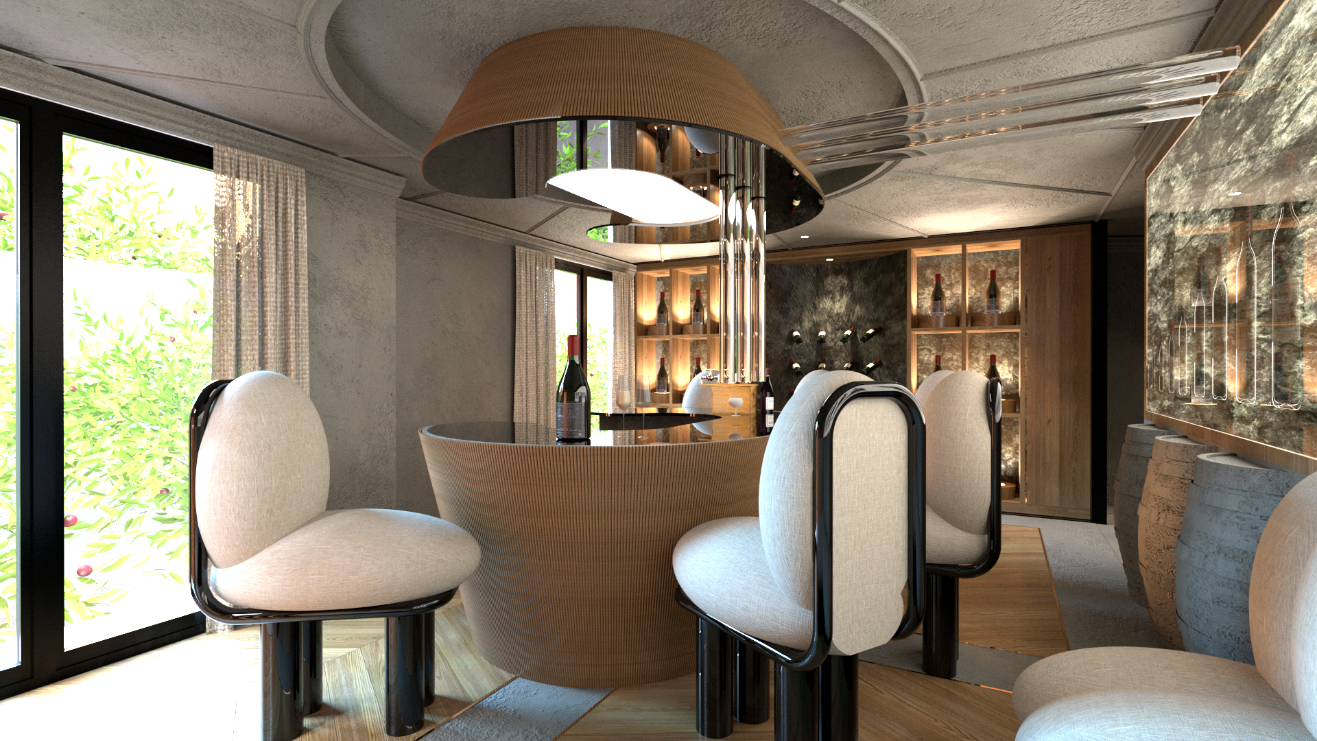 Intérieur d'une salle à manger moderne avec un tableau de vins sur le mur, une table ronde avec des chaises beige, et une grande lampe au plafond. Appartement haut de gamme rénové selon le thème du vin à Neuilly sur Seine.