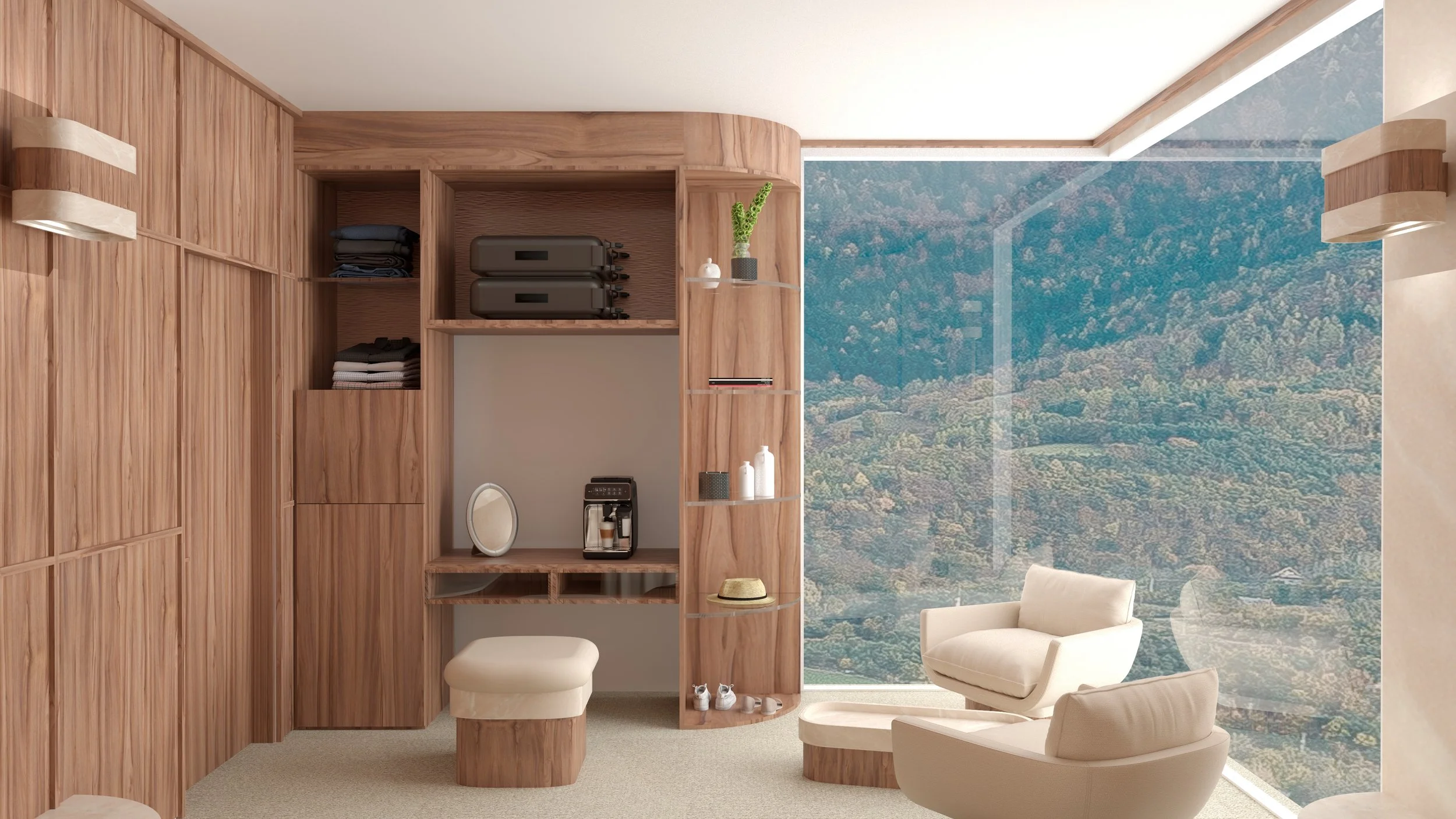Vue intérieure d'une chambre d'hôtel 4 étoiles avec un mobilier en Formica clair, fauteuils et canapé en tissu blanc, un lampadaire, une grande fenêtre avec vue sur une forêt de montagne. Concours national d'architecte d'intérieur.