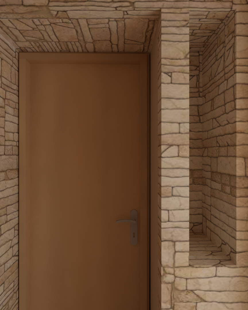 Rénovation haut de gamme d'une maison dans l'Aveyron, à Cantobre avec porte en bois dans un mur en pierre. Agencement sur mesures.