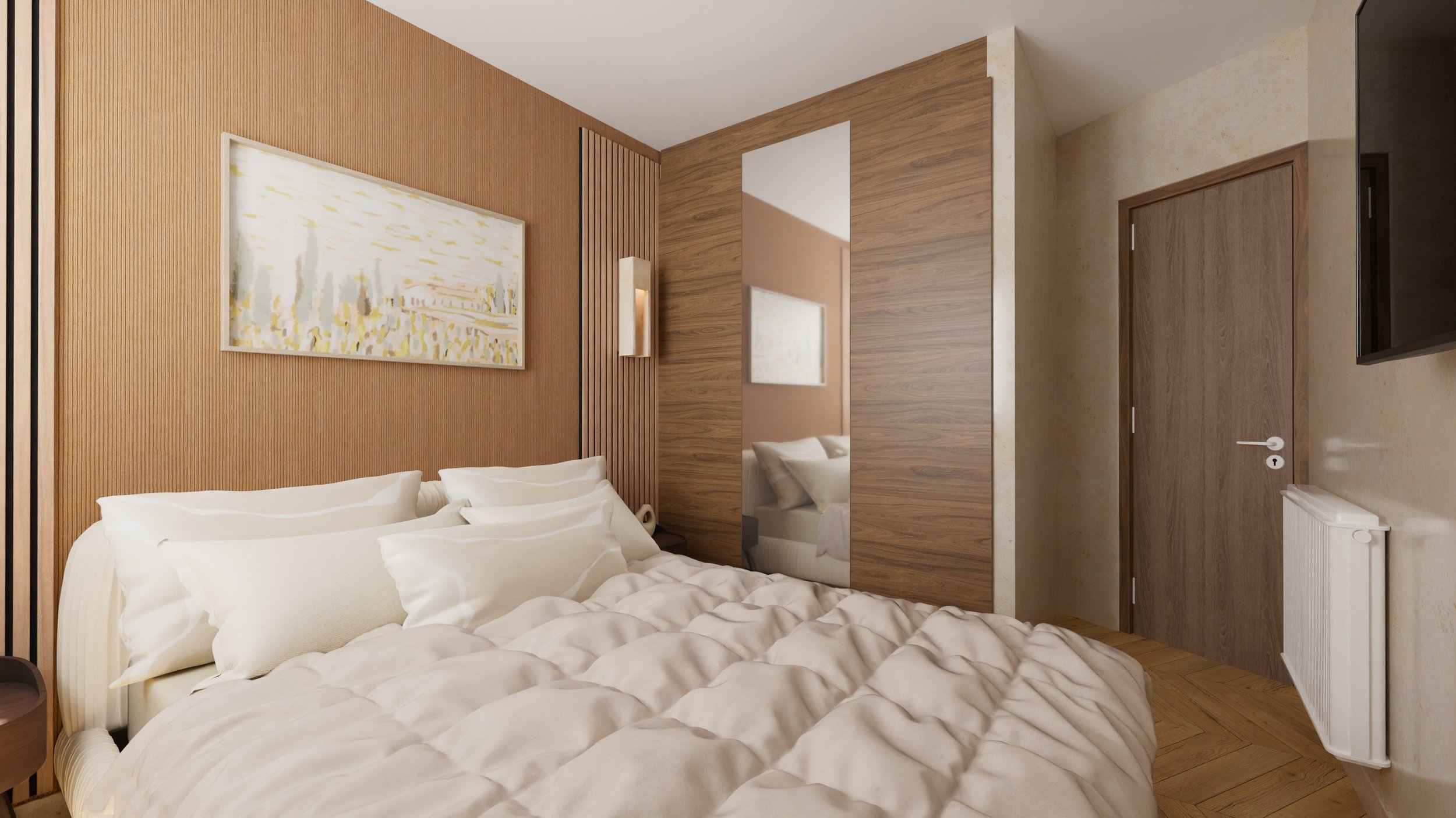 Rénovation haut de gamme d'un appartement dans Paris 12 avec chambre moderne avec lit blanc, murs en bois, miroir mural, peinture abstraite et porte en bois. Agencement sur mesures.