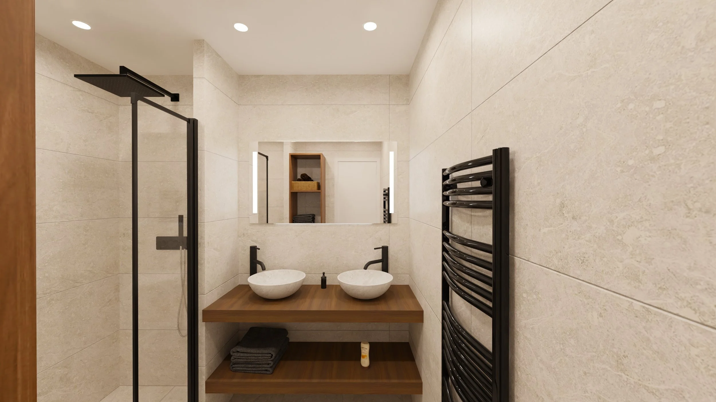 Rénovation haut de gamme d'un appartement avec salle de bain moderne avec deux évier en pierre sur un meuble en bois, grand miroir, sèche-serviettes noir et douche à l'italienne. Agencement sur mesures