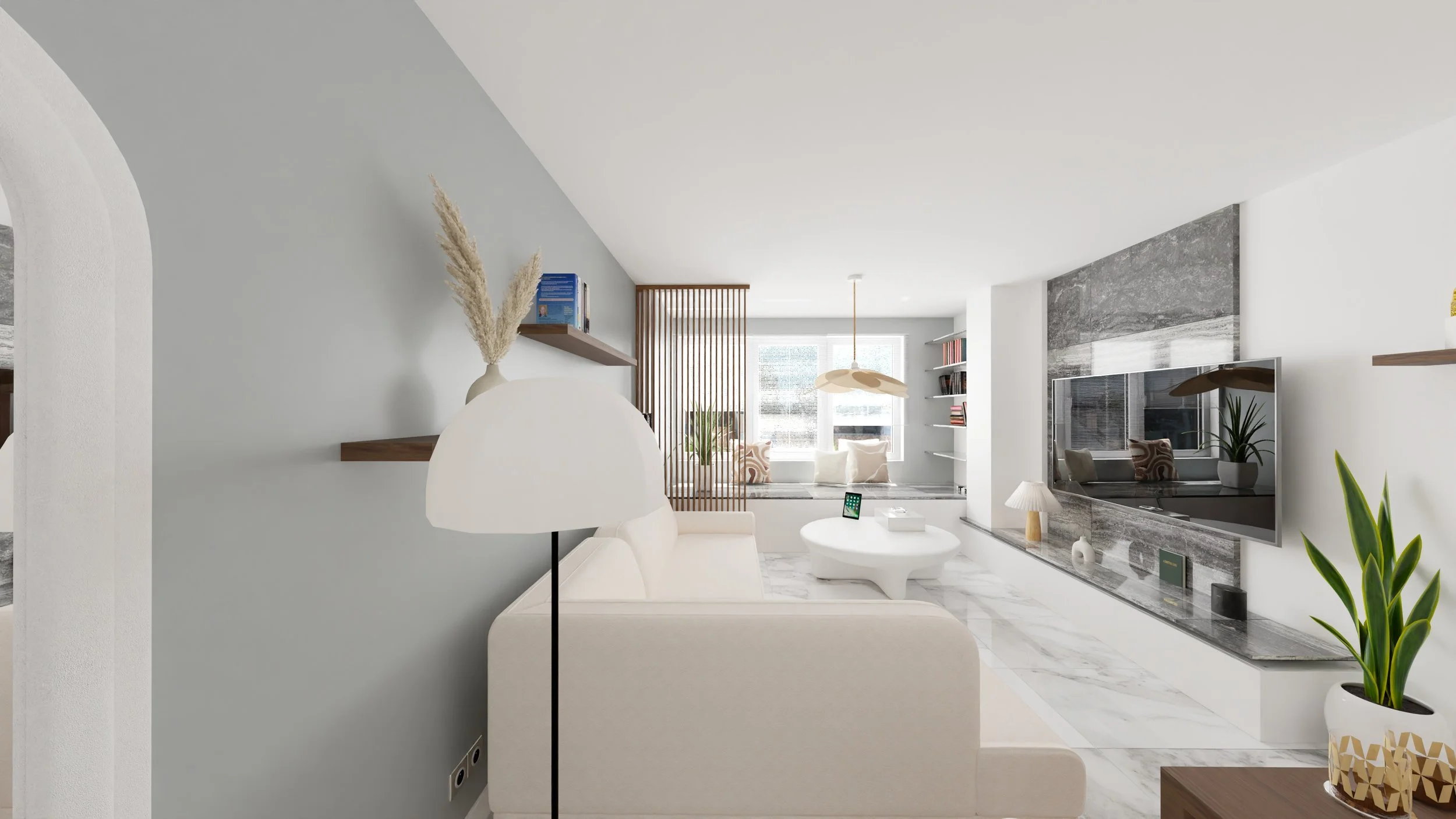 Rénovation d'un appartement en Moldavie avec un salon avec panneau en pierre, télévision, étagères murales, au mur et table avec décorations en verre et céramique. Agencement haut de gamme sur mesures.