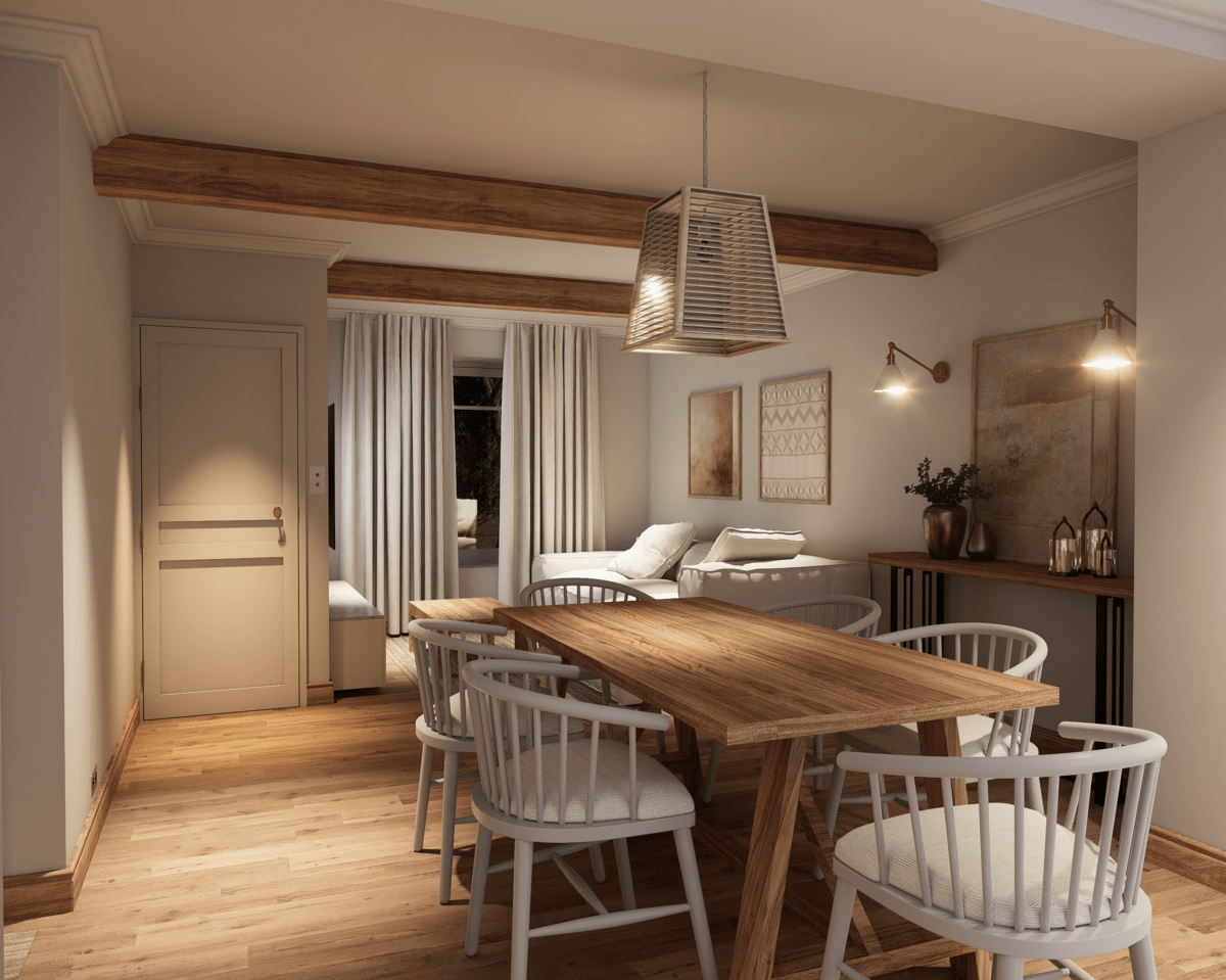 Salon et salle à manger élégants au style anglais avec table en bois, chaises blanches, canapé blanc, œuvres d'art au mur, lampes murales, meubles en bois, et décor minimaliste.