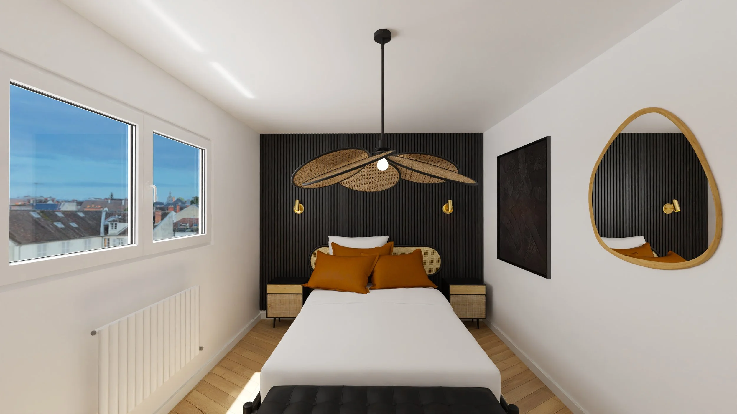 Rénovation haut de gamme d'un appartement avec chambre moderne avec lit blanc, tête de lit en bois et noir, lampe suspendue en rotin au plafond, mur blanc avec deux fenêtres laissant entrer la lumière. Agencement sur mesures