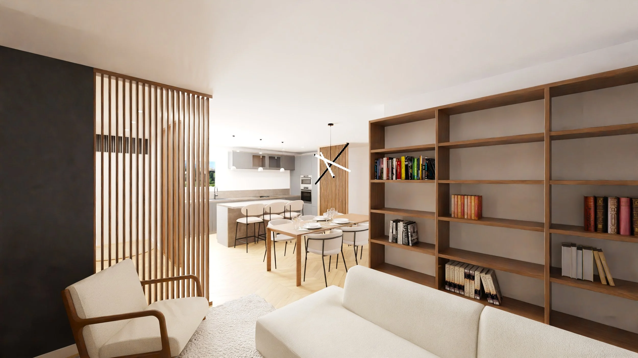 Rénovation haut de gamme d'un appartement avec salon moderne avec un fauteuil blanc, étagère en bois avec des livres, salle à manger avec table et chaises, cuisine, décoration minimaliste, luminaires suspendus. Agencement sur mesures.