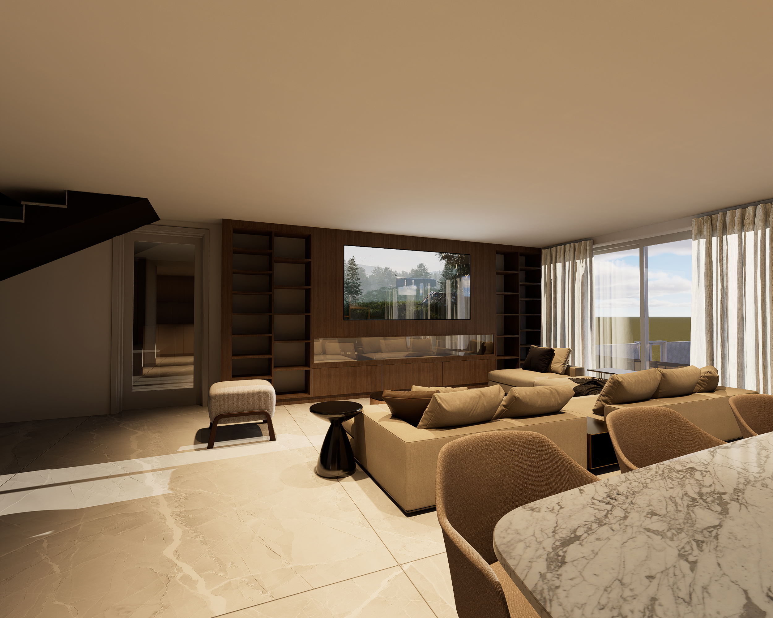 Rénovation haut de gamme d'une villa à Chelles avec salon moderne avec sofa beige, tables basses noires, murs en bois, un miroir et de grandes fenêtres avec rideaux blancs laissant entrer la lumière naturelle. Agencement sur mesure