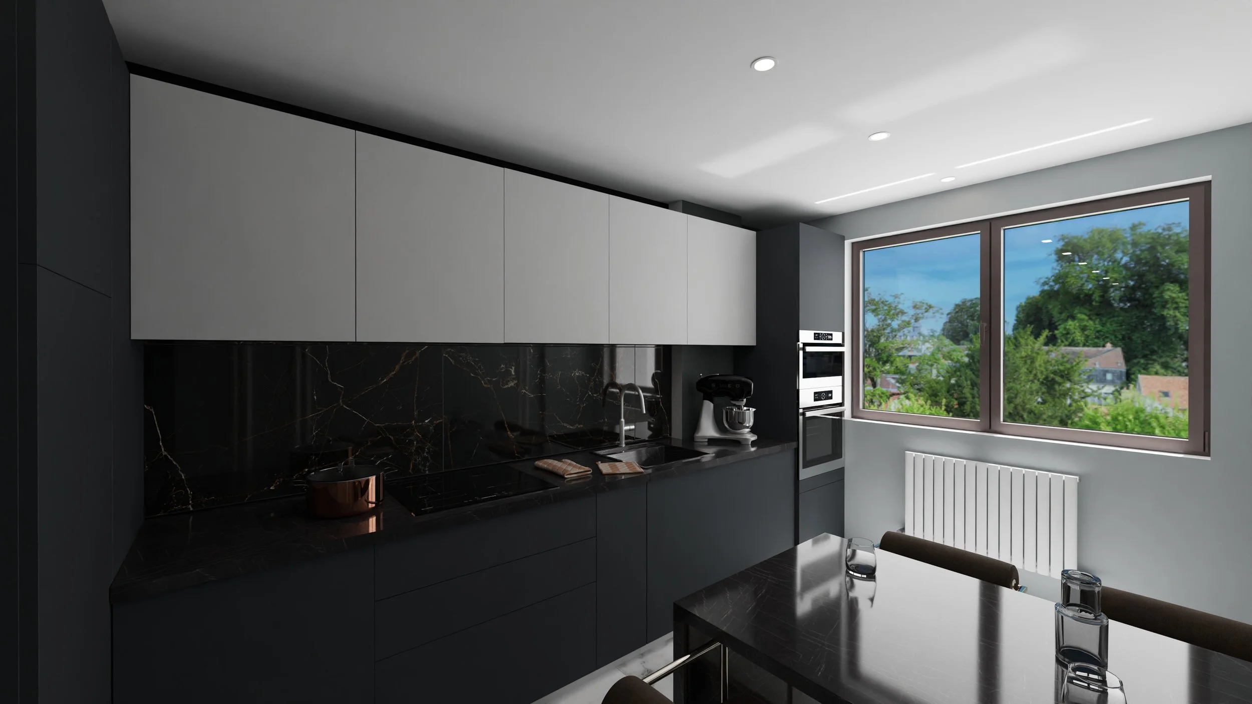 Rénovation d'un appartement en Moldavie avec cuisine moderne avec meubles hauts blancs, murs gris, plan de travail en marbre noir, appareils électroménagers, petite table, moulures. Agencement sur mesures.