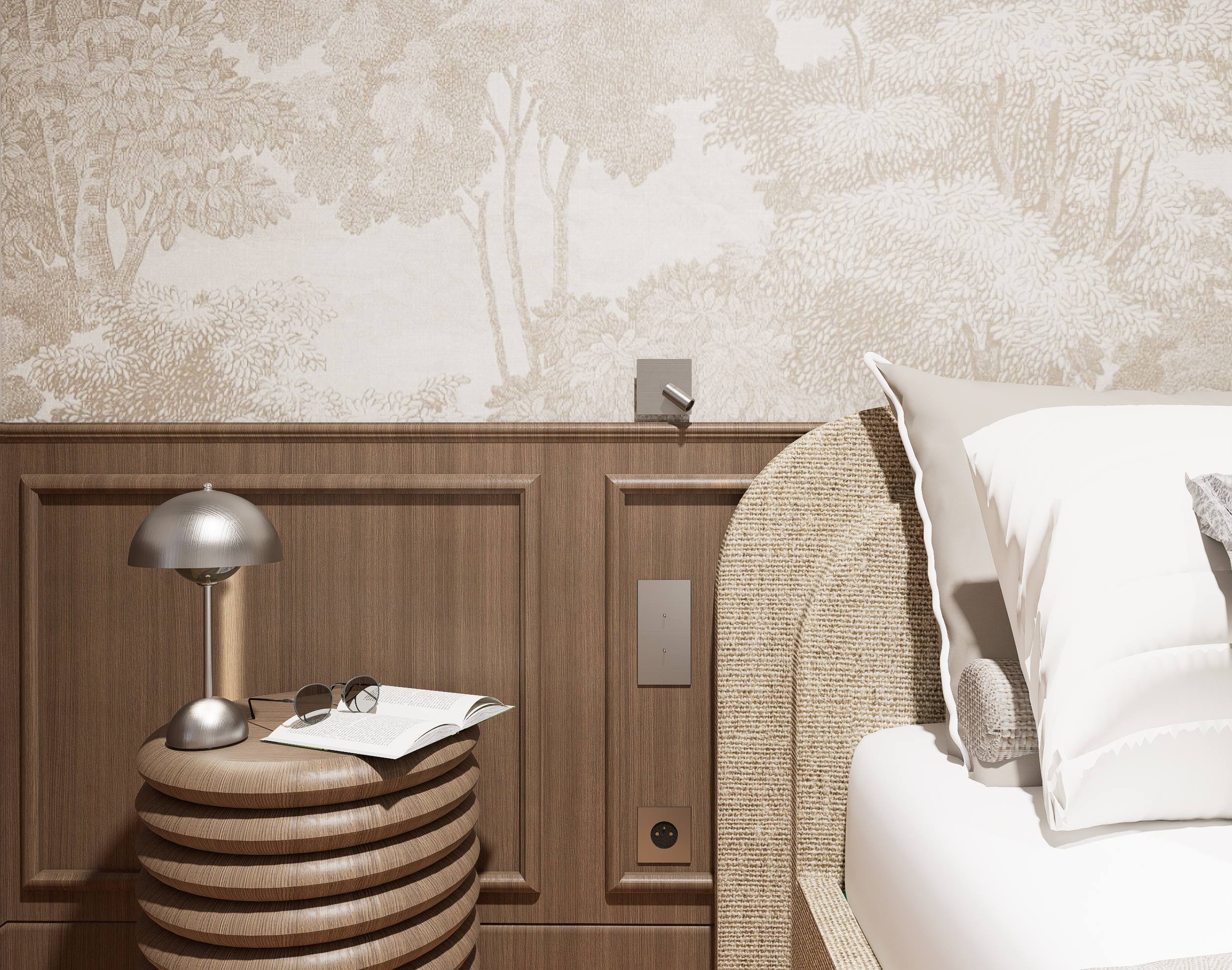 Rénovation haut de gamme d'un appartement à Saint Denis, soubassement mouluré en bois de noyer, sublimé par un papier peint paysager de chez ARTE. Tête de lit en tissu beige.