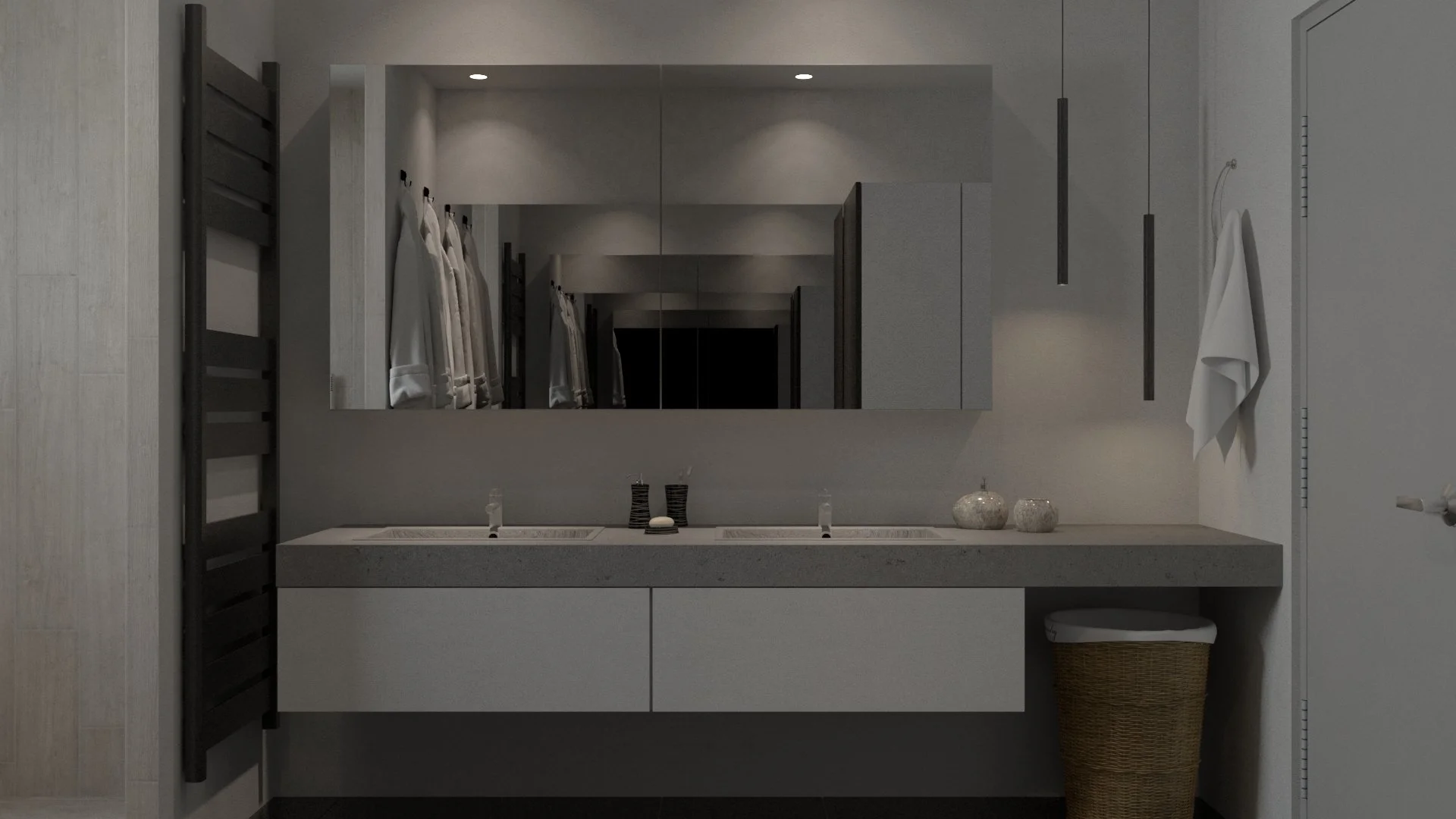 Rénovation haut de gamme d'une maison à Charnay avec une salle de bain avec miroir au-dessus d'un lavabo gris, décorée avec des vases et des serviettes blanches suspendues à une barre, avec des luminaires suspendus à droite.