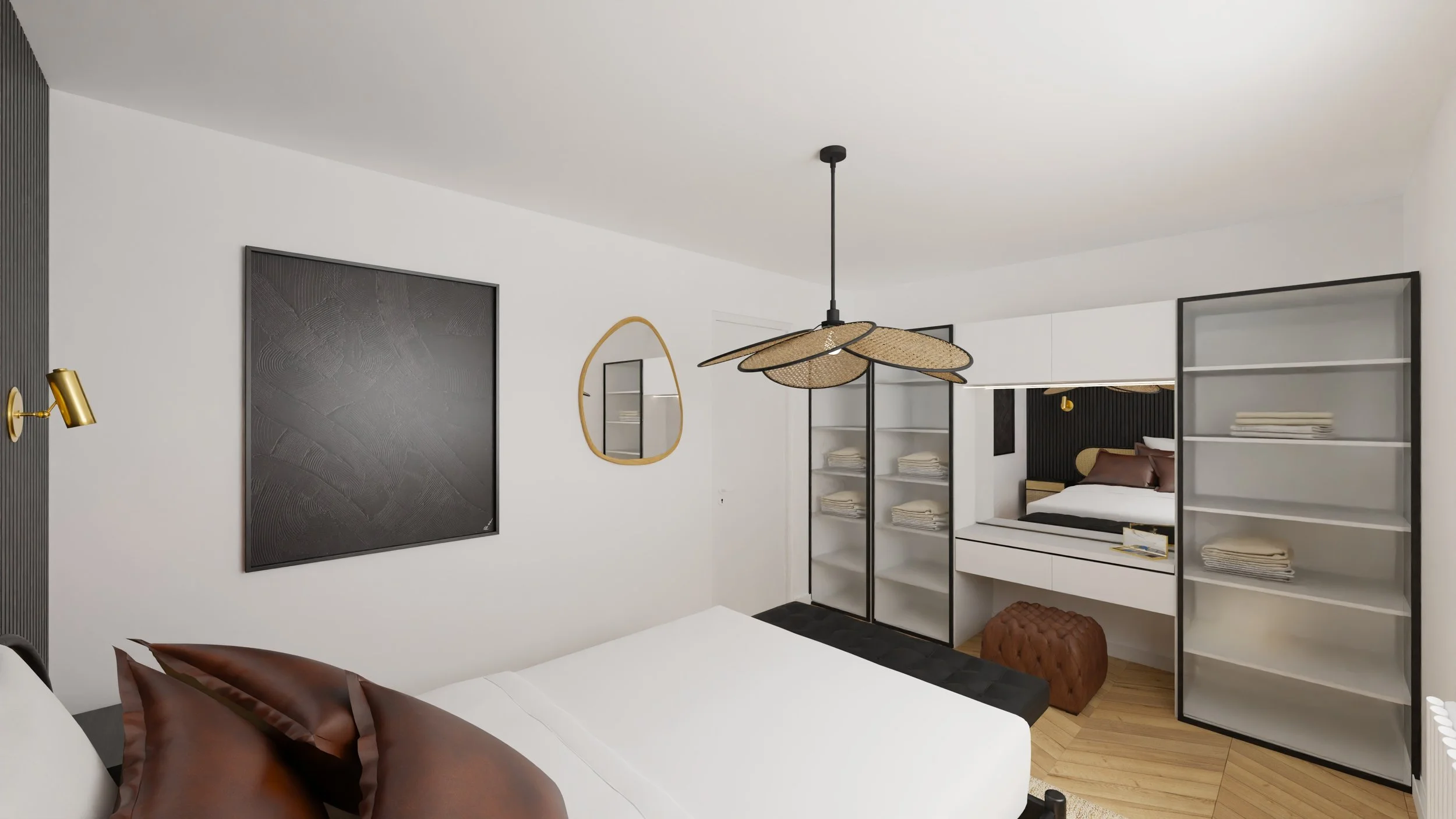 Rénovation haut de gamme d'un appartement avec chambre moderne avec lit blanc, tête de lit en bois et noir, lampe suspendue en rotin au plafond, dressing sur mesures avec coiffeuse. Agencement sur mesures