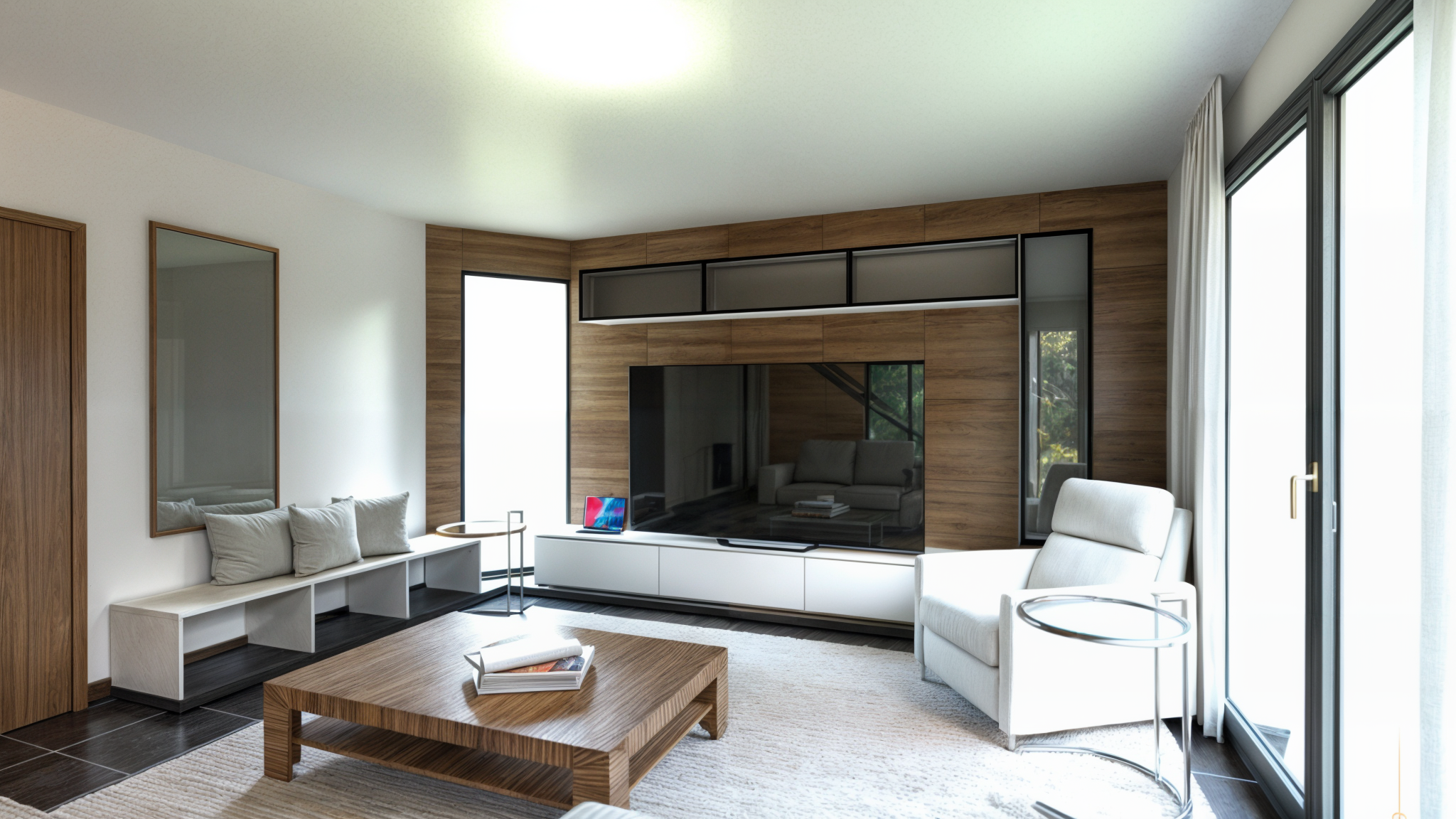Rénovation haut de gamme d'une maison moderne avec salon moderne avec télévision encastrée, canapé gris clair et fauteuil blanc, grande fenêtre avec rideaux blancs, table basse en bois, et murs en bois. Agencement sur mesure.