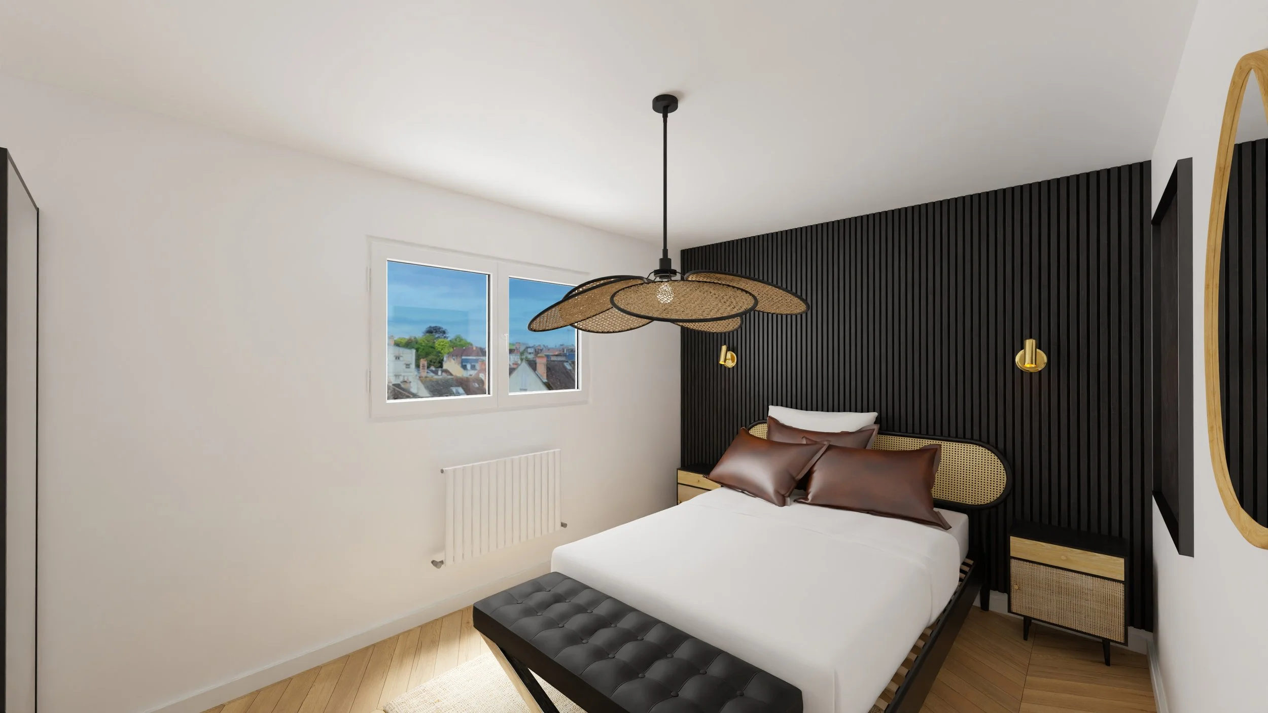 Rénovation haut de gamme d'un appartement avec chambre moderne avec lit blanc, tête de lit en bois et noir, lampe suspendue en rotin au plafond, mur blanc avec deux fenêtres laissant entrer la lumière. Agencement sur mesures