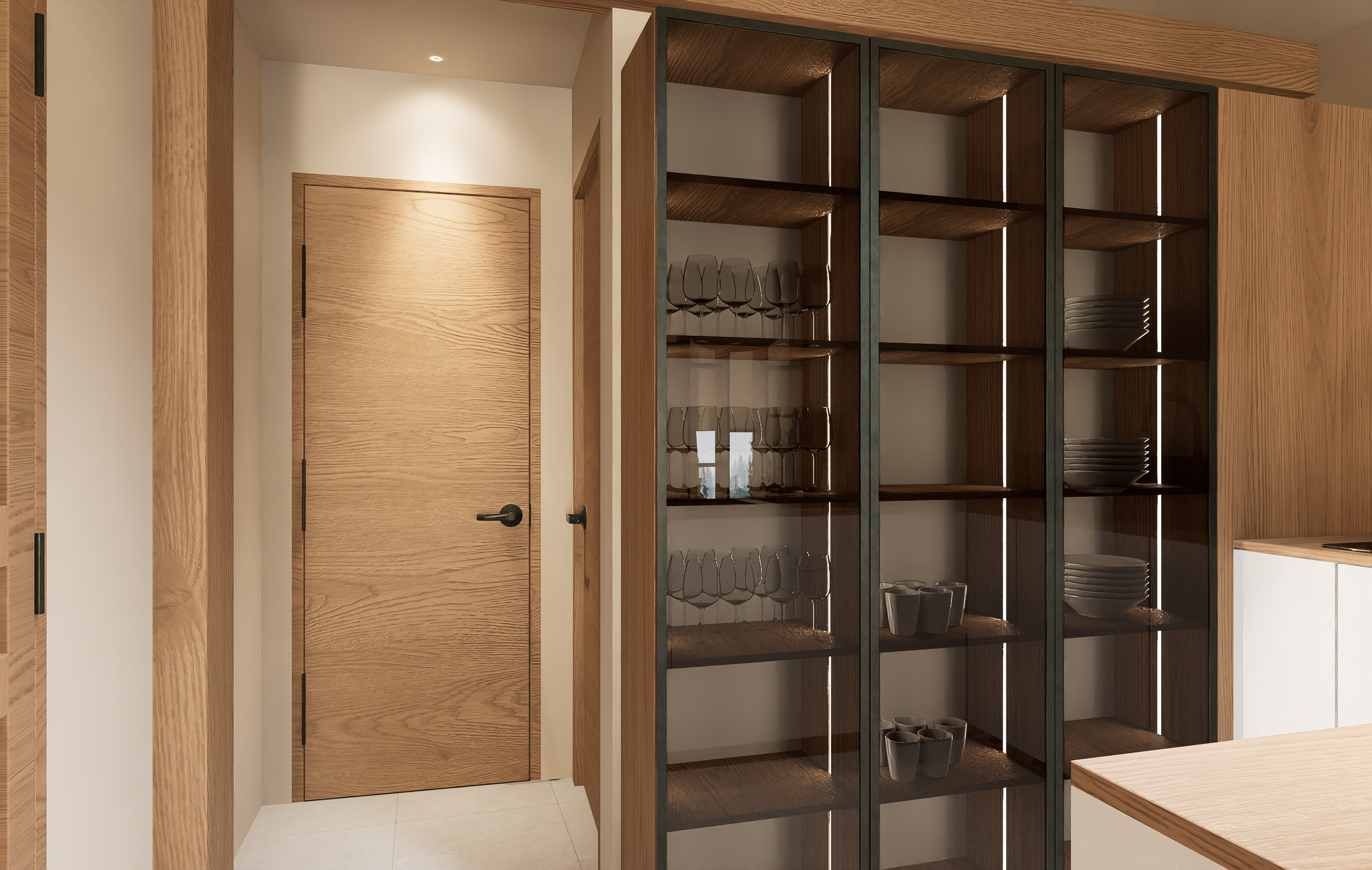 Projet de rénovation d'un appartement avec une cuisine moderne avec des armoires en bois, un évier en acier inoxydable, une table en bois et des suspensions en bois. Agencement sur mesure.