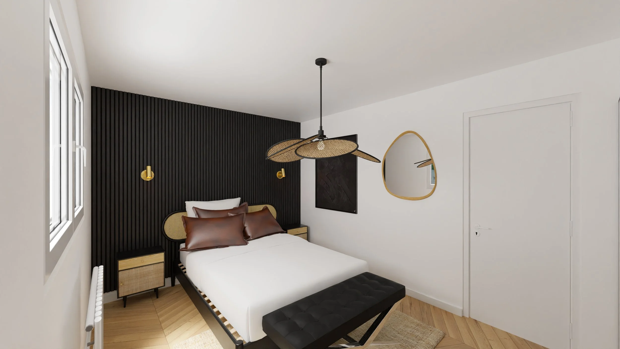 Rénovation haut de gamme d'un appartement avec chambre moderne avec lit blanc, tête de lit en bois et noir, lampe suspendue en rotin au plafond, mur blanc avec deux fenêtres laissant entrer la lumière. Agencement sur mesures