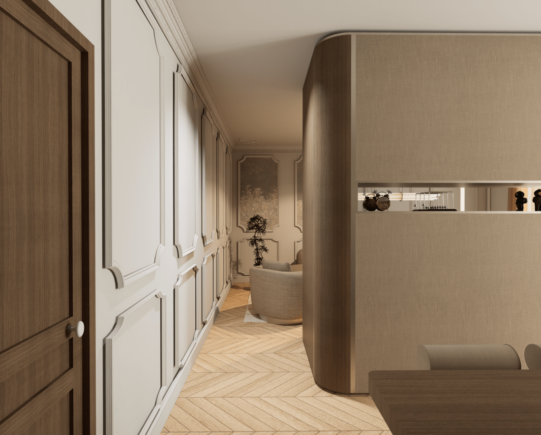 Intérieur moderne haut de gamme avec un mur en bois et un diviseur en tissu, grande fenêtre avec rideaux, table avec vases et décoration, et suspension lumineuse prouche au plafond en collaboration avec Perene