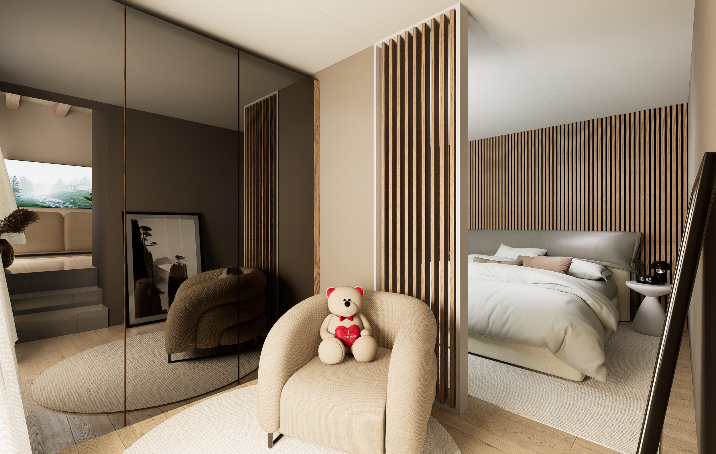 Projet de rénovation d'un appartement avec une chambre moderne avec cloison en bois, lits en arrière-plan, et une petite peluche de ours en fauteuil beige au premier plan. Agencement sur mesure haut de gamme.