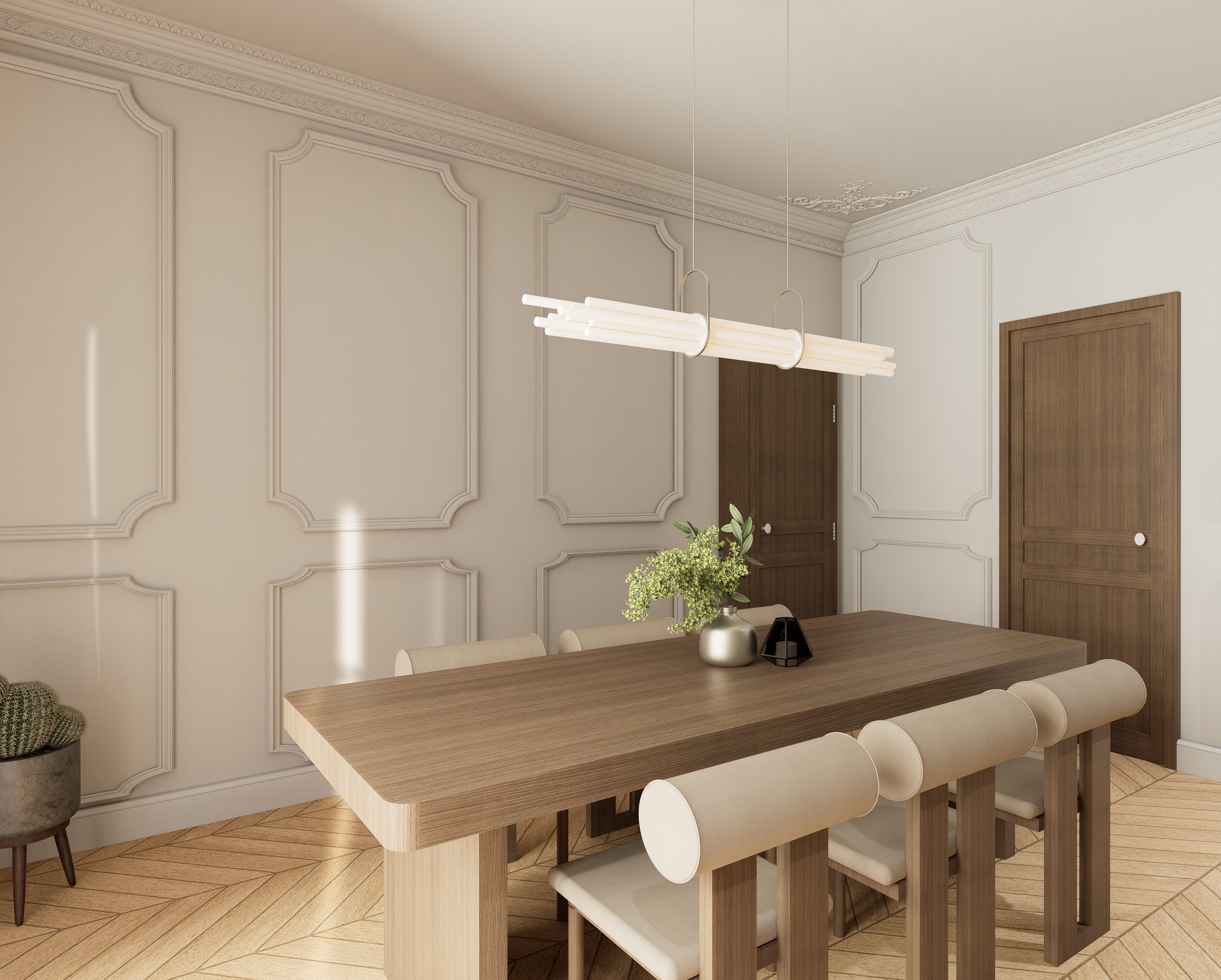 Intérieur moderne haut de gamme avec un mur en bois et un diviseur en tissu, grande fenêtre avec rideaux, table avec vases et décoration, et suspension lumineuse prouche au plafond en collaboration avec Perene
