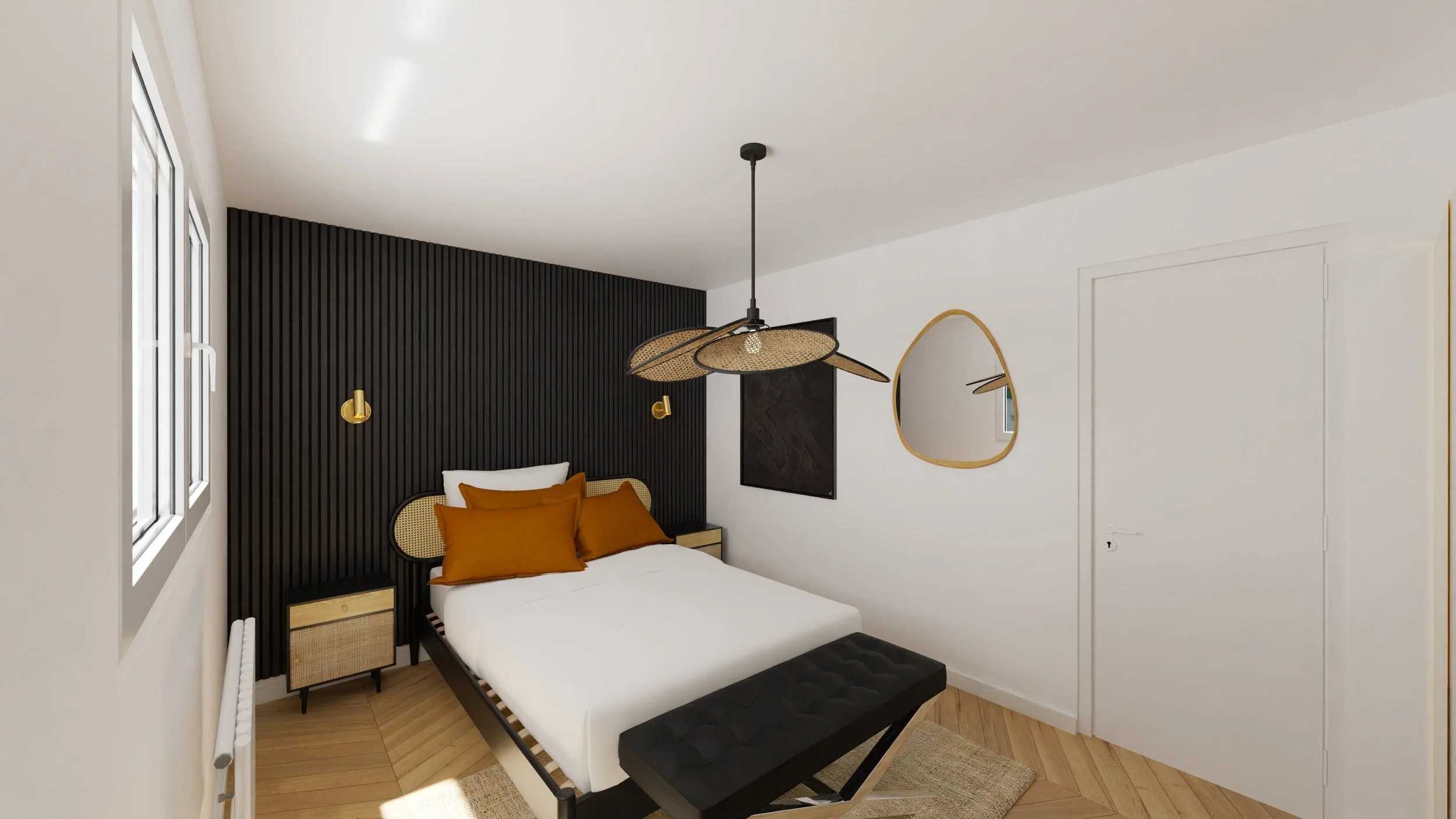 Rénovation haut de gamme d'un appartement avec chambre moderne avec lit blanc, tête de lit en bois et noir, lampe suspendue en rotin au plafond, mur blanc avec deux fenêtres laissant entrer la lumière. Agencement sur mesures