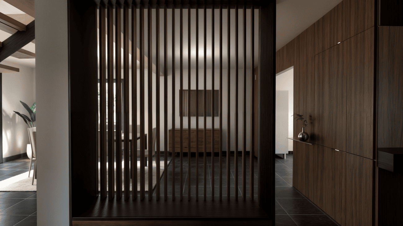 Rénovation haut de gamme d'une maison moderne avec un mur en bois, une cloison en bois avec un banc, un fauteuil beige avec une plante verte à côté, et un espace de vie lumineux. Agencement sur mesures.