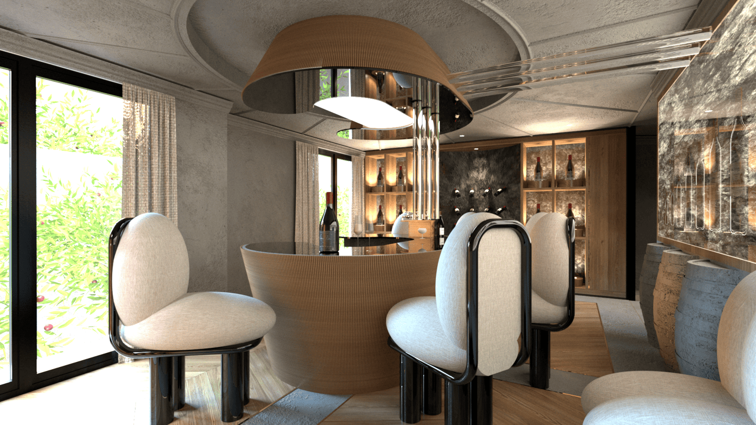 Intérieur d'un bar ou d'une salle à manger élégante luxueux avec un comptoir en bois, chaises rembourrées crème, étagères en bois avec des bouteilles de vin, et un éclairage moderne suspendu sur le thème du vin à Neuilly-sur-seine.