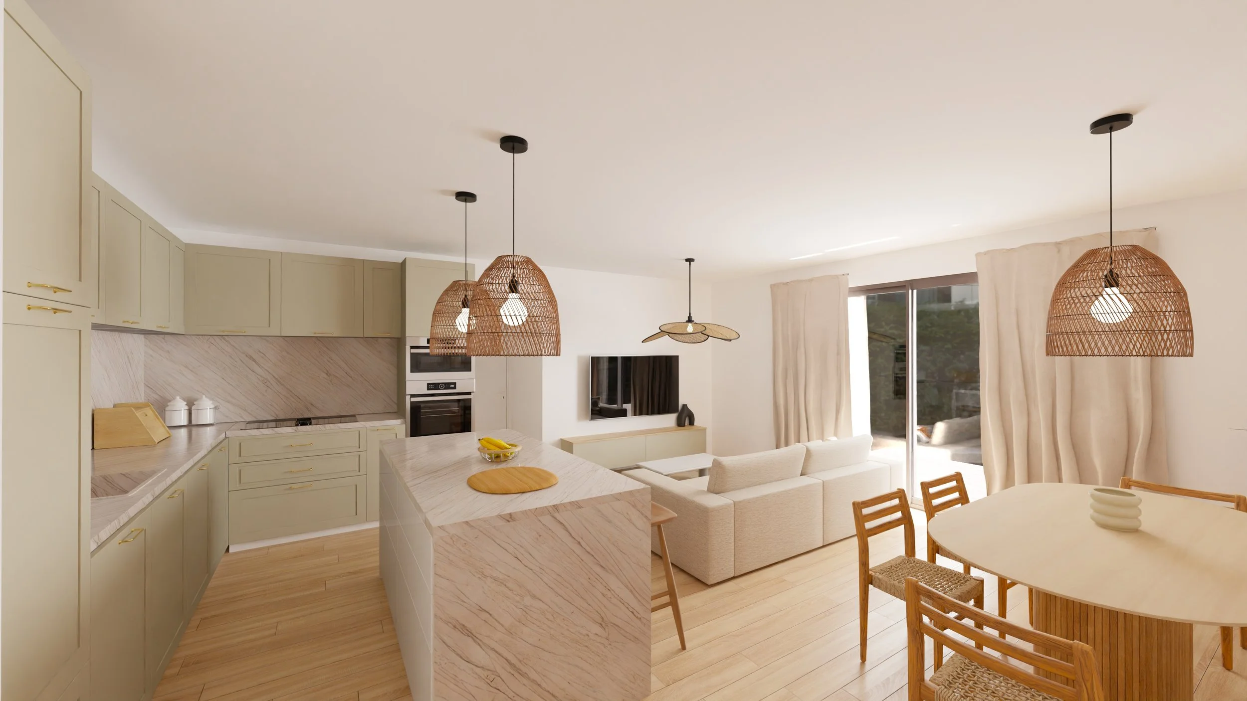 Rénovation haut de gamme d'un appartement à Valdahon avec salon et cuisine modernes avec meubles beige, suspensions en rotin, grande baie vitrée avec rideaux clairs. Canapé beige. Agencement sur mesures.