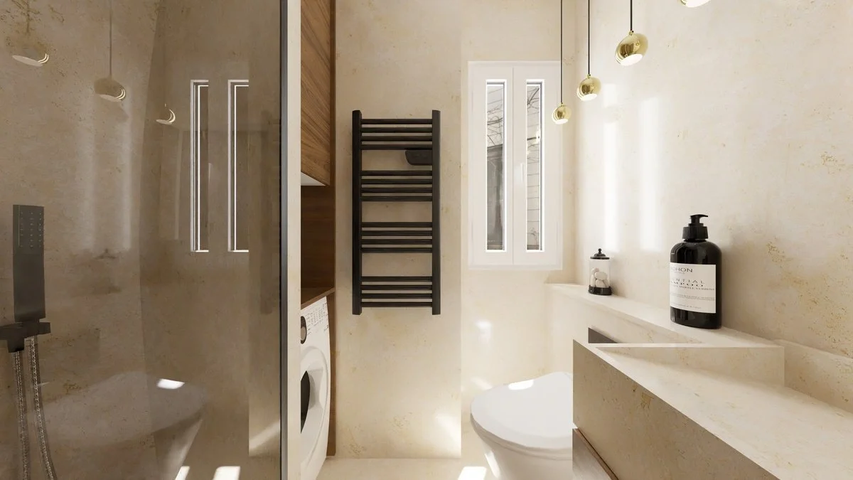 Rénovation haut de gamme d'un appartement dans Paris 12 avec salle de bain avec murs beige, grande fenêtre, robinet, bouteille de savon noire, radiateur mural noir, machine à laver, étagère en bois, miroir, et WC. Agencement sur mesures